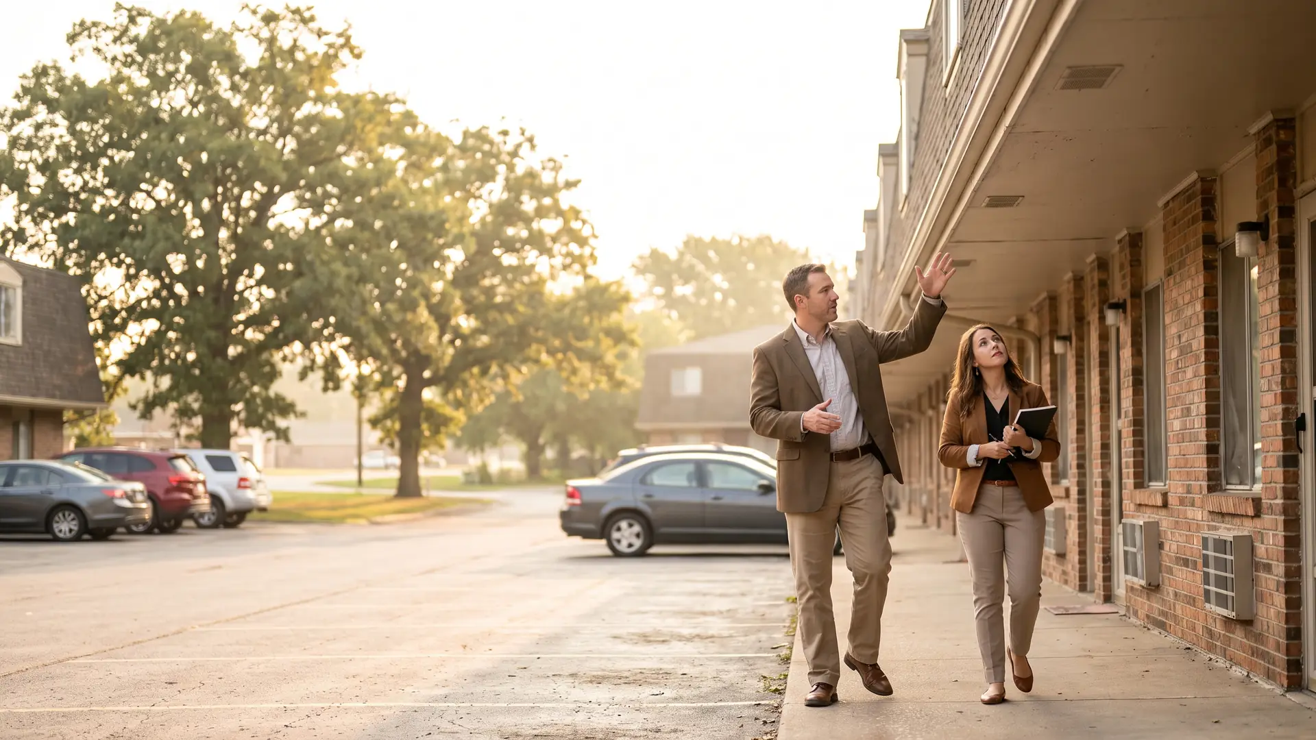Two real estate investors touring an apartment building while planning a 1031 exchange into a larger property