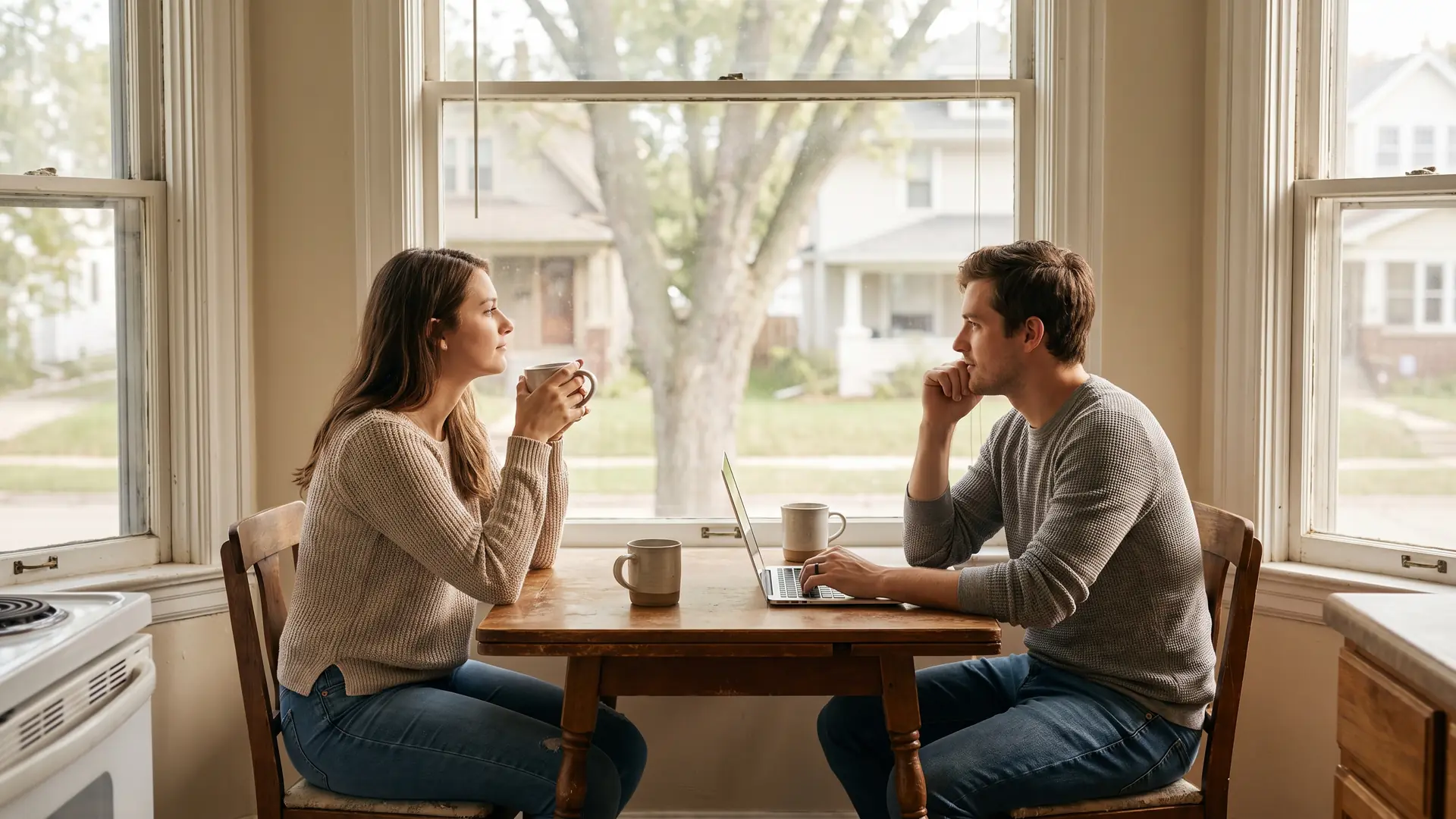 Young Midwestern couple at a kitchen table reviewing their budget while facing housing affordability challenges