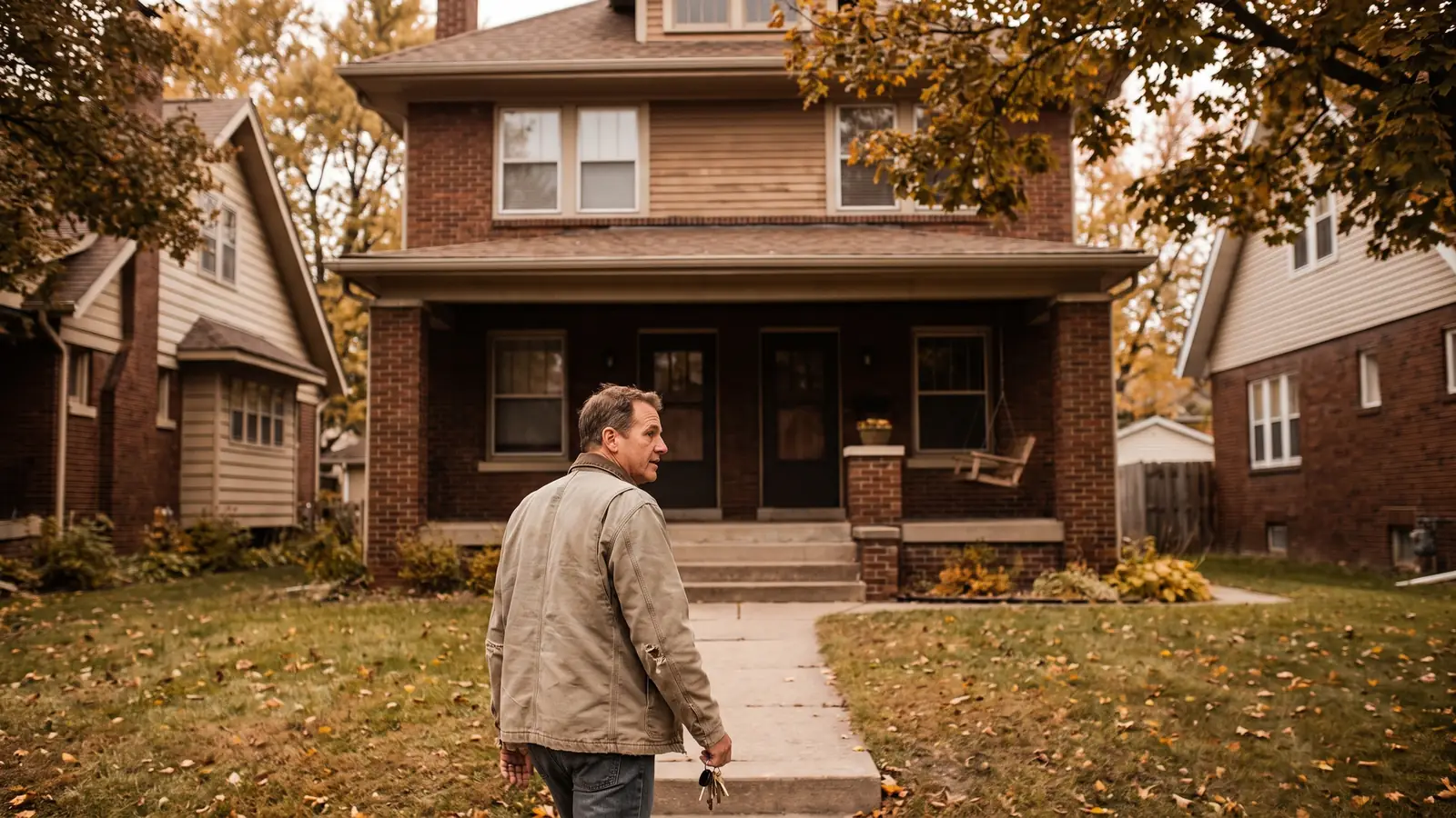 Landlord walking up to a Midwestern duplex rental while evaluating local rental market trends and vacancy