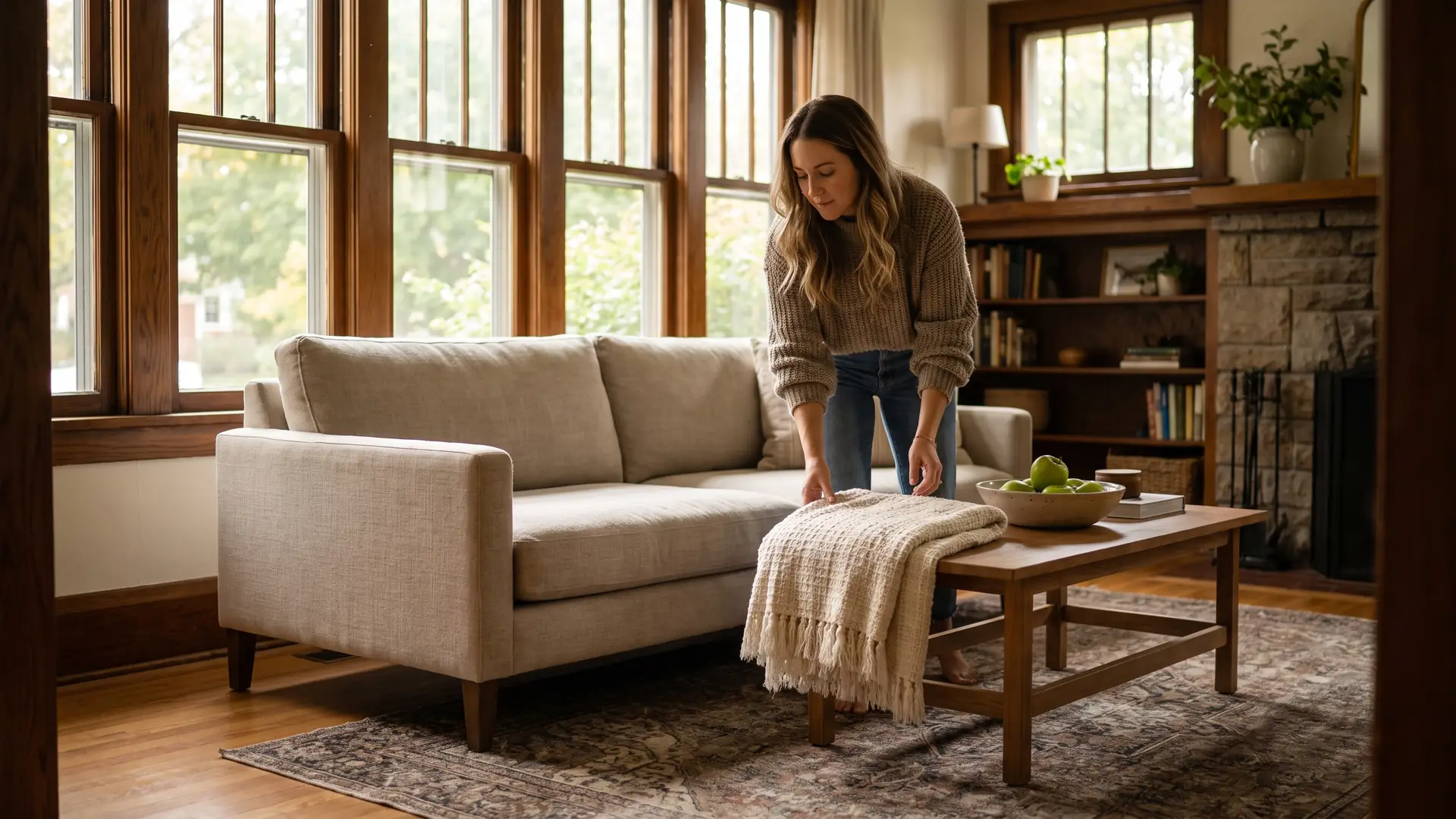 Professional stager styling a neutral living room in a Michigan home before listing photos