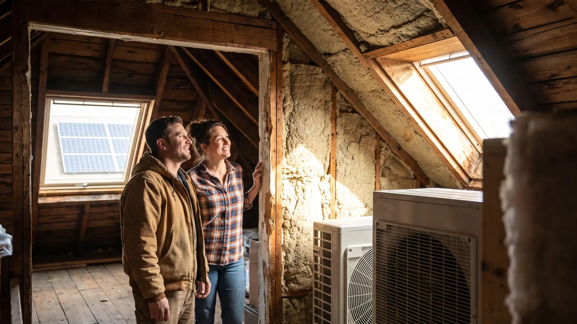 Owner and contractor inspecting insulation and a heat pump in a green housing investment property