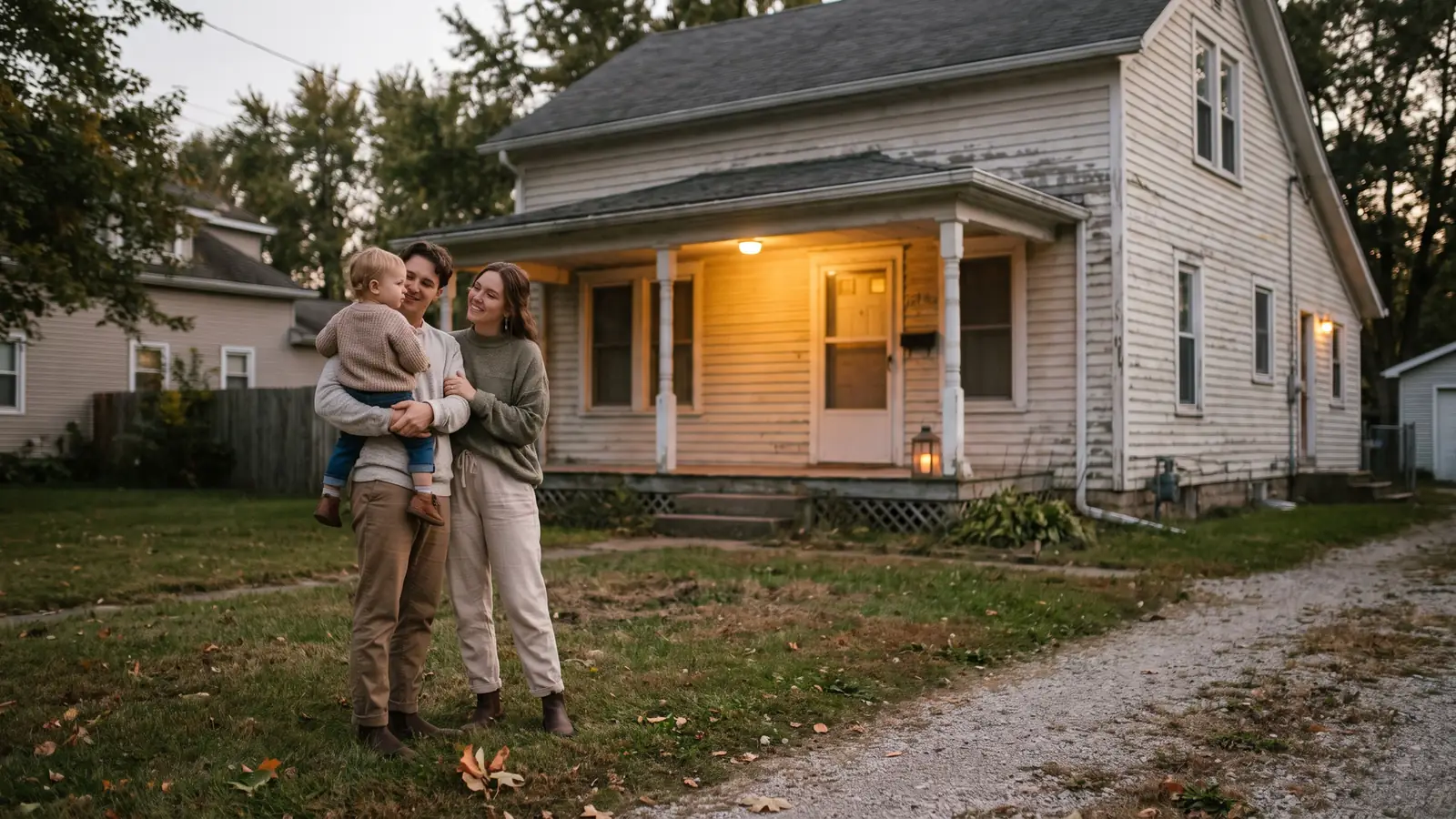 Young couple in front of their first rental house at dusk, illustrating the long-term benefits of investing in real estate