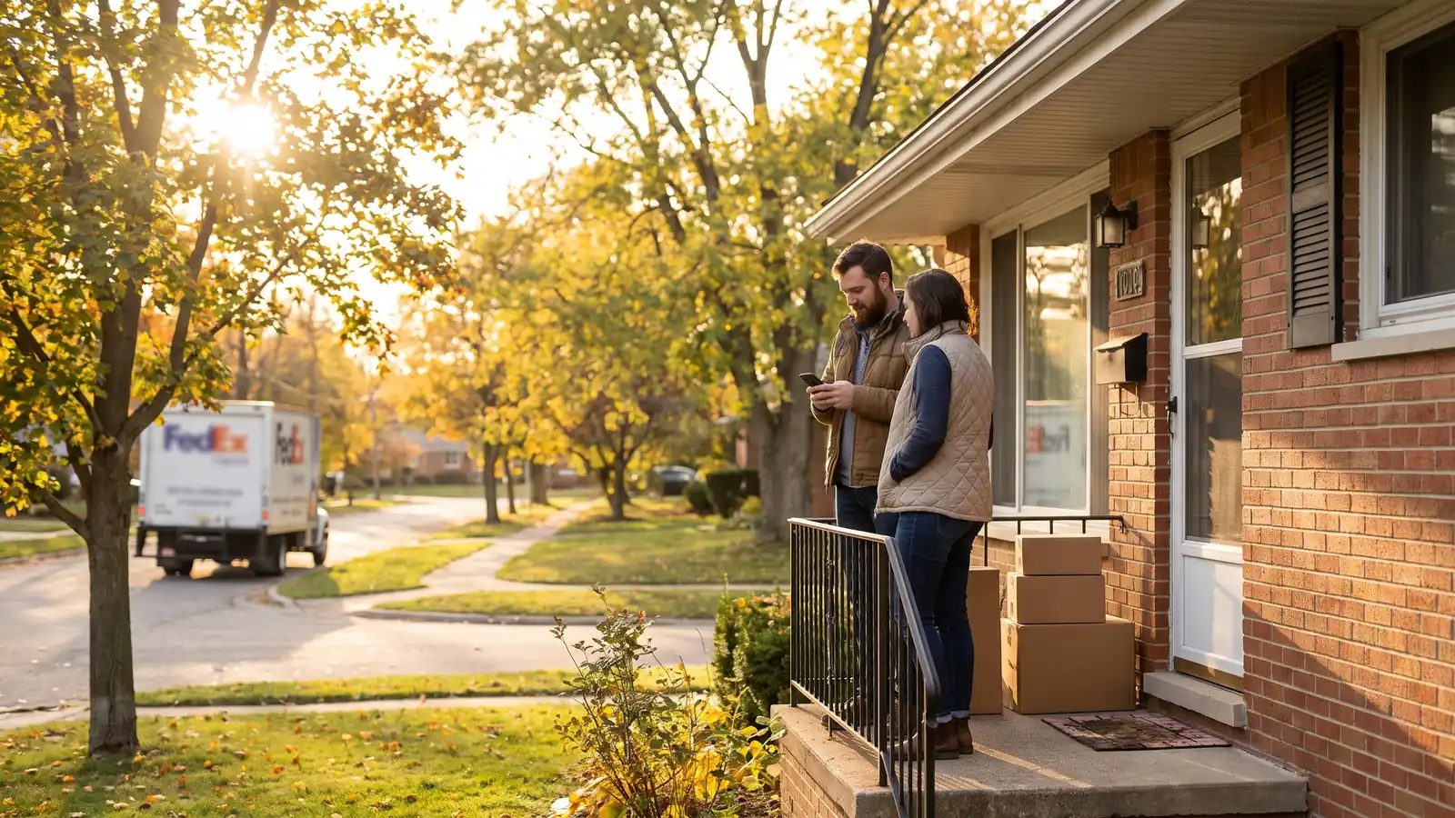 Couple outside their soon-to-be home checking rate updates after setting a mortgage rate lock with their lender