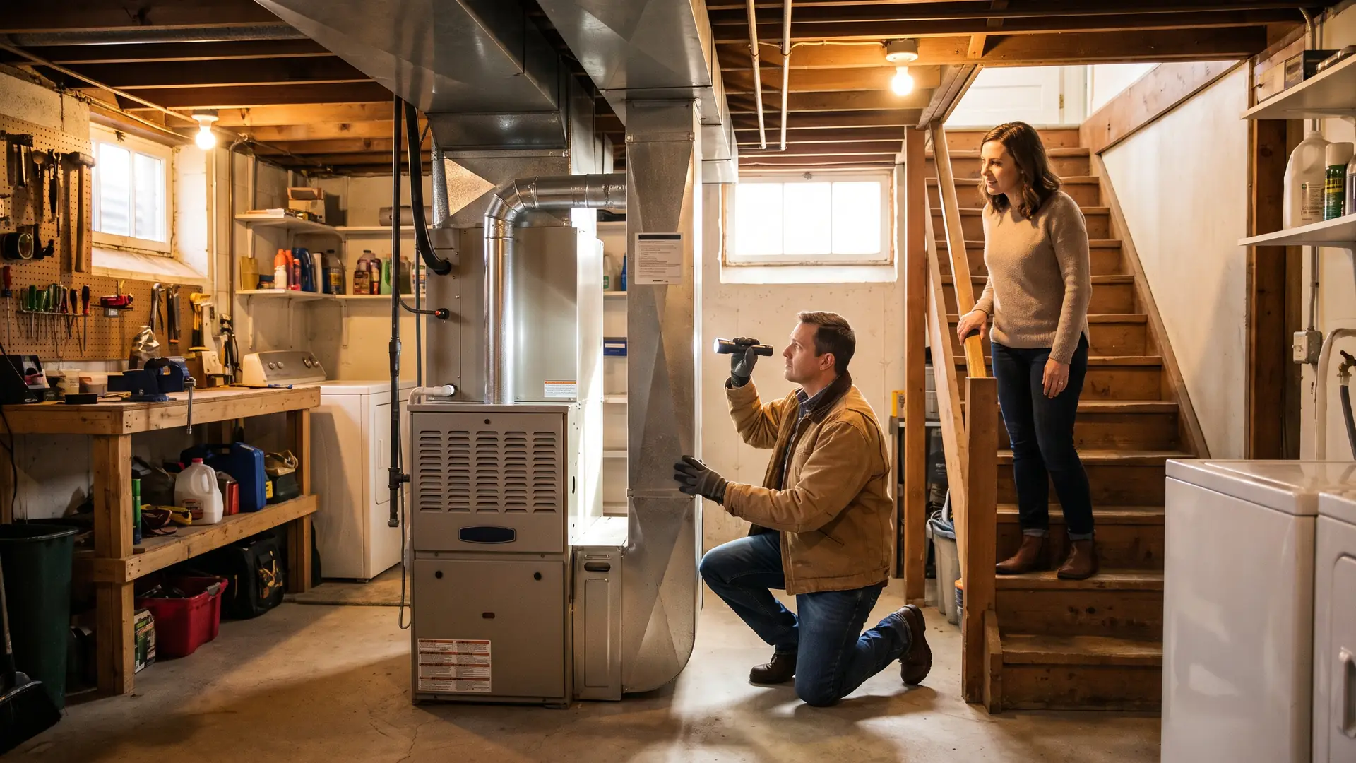 Inspector and homeowner reviewing a furnace during a pre-listing home inspection in a Michigan basement