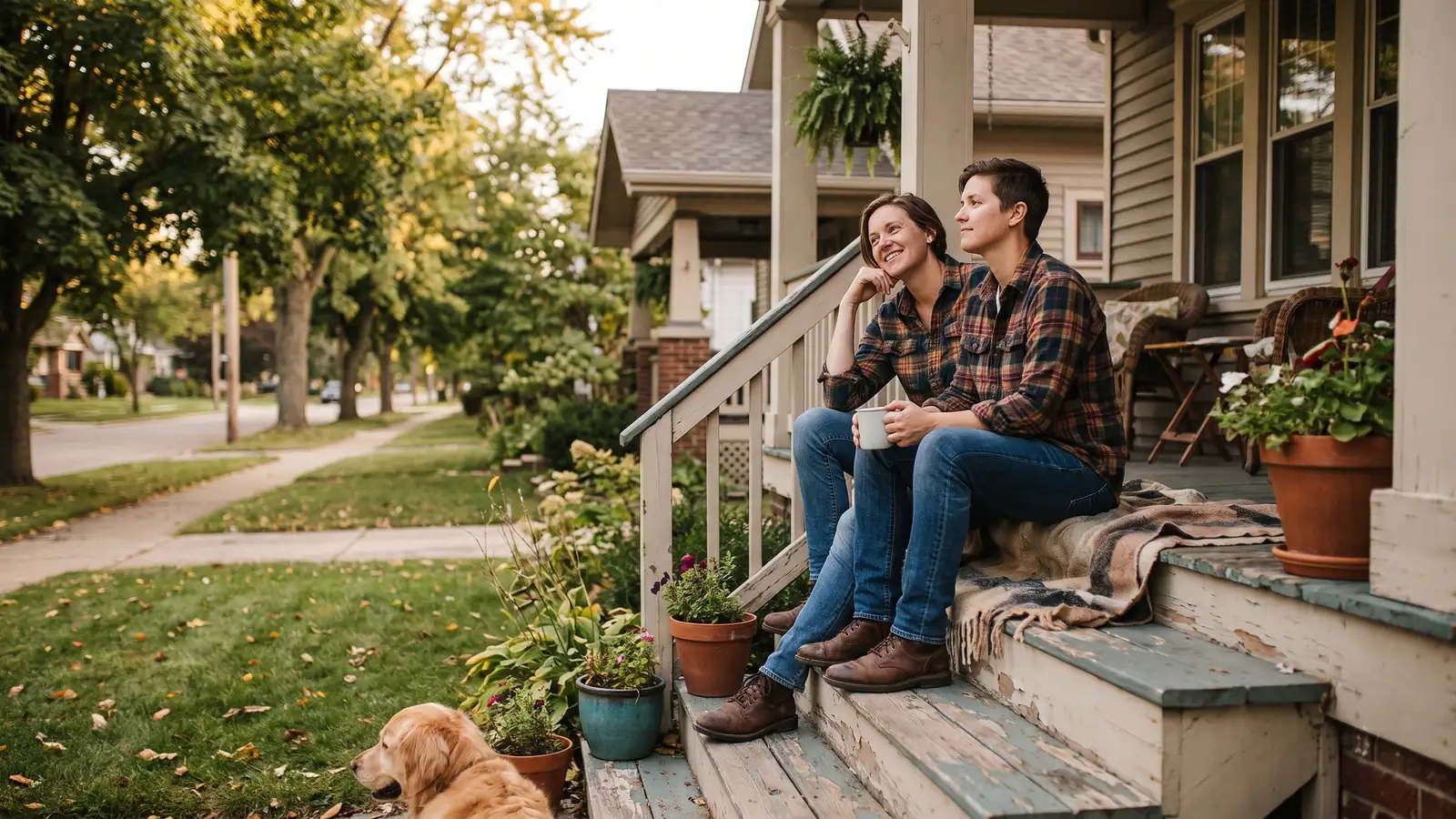 Couple relaxing on their porch after a rate-and-term refinance lowered their mortgage payment