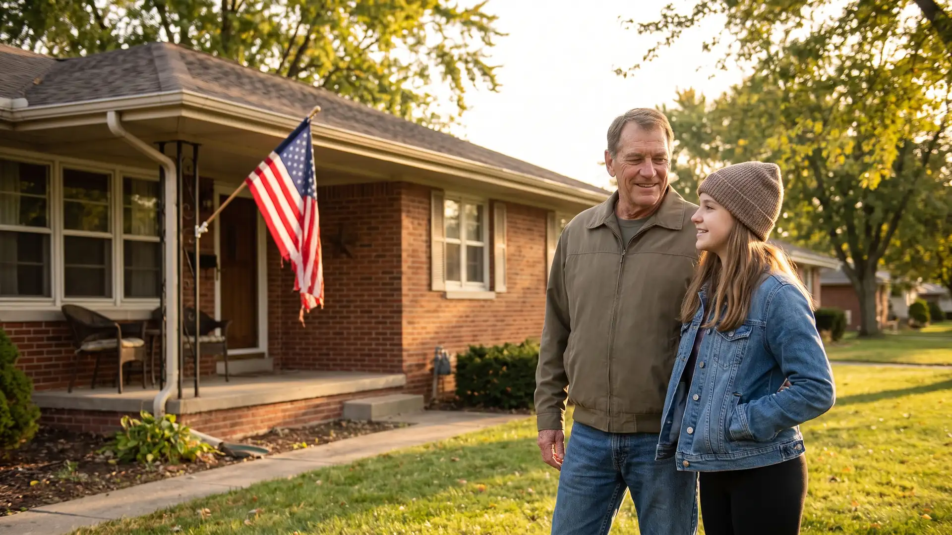 Veteran and his daughter outside their Michigan home while considering refinancing a VA loan