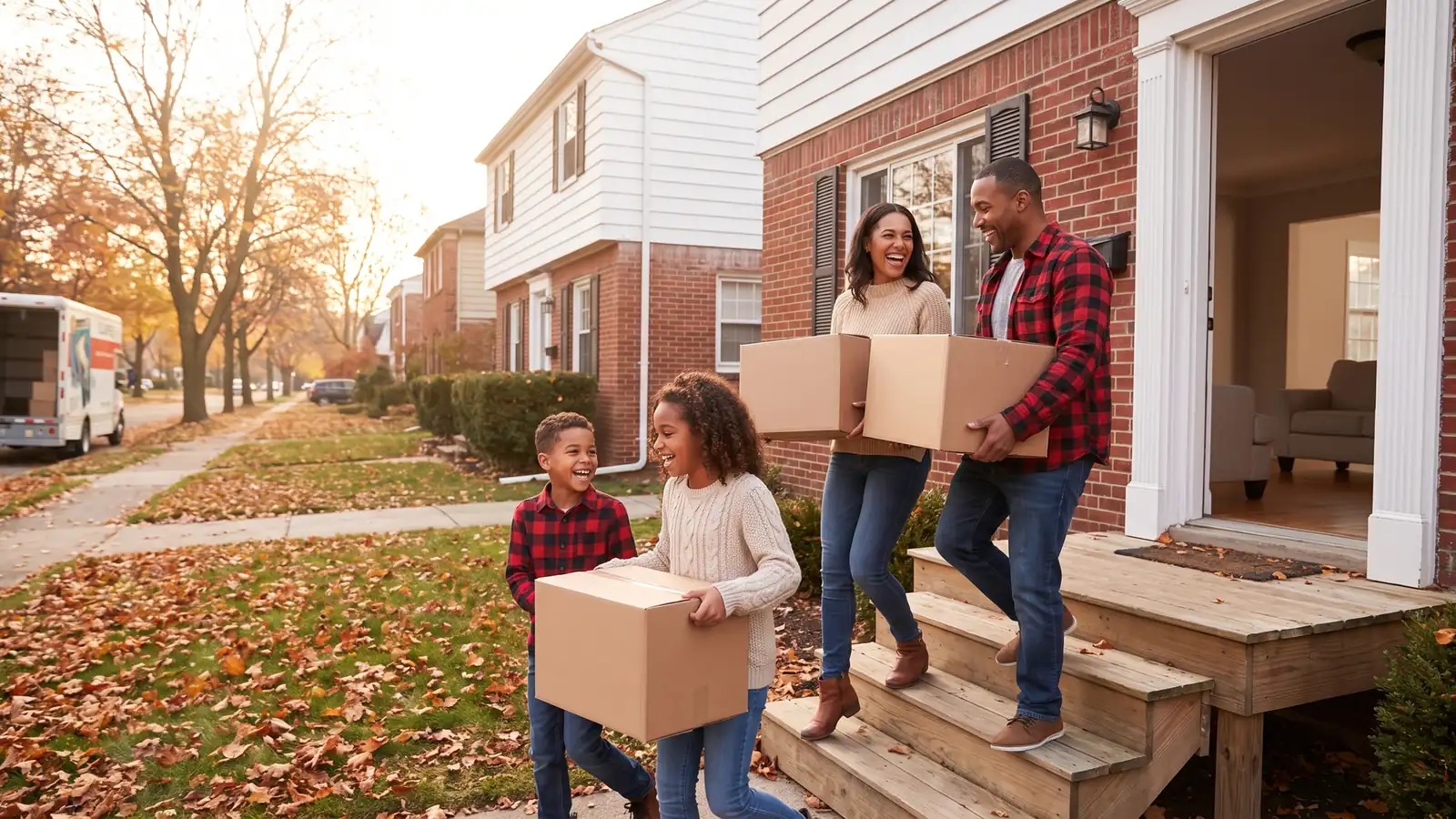 Family moving boxes from their current home to a new one, the transition a bridge loan is designed to finance
