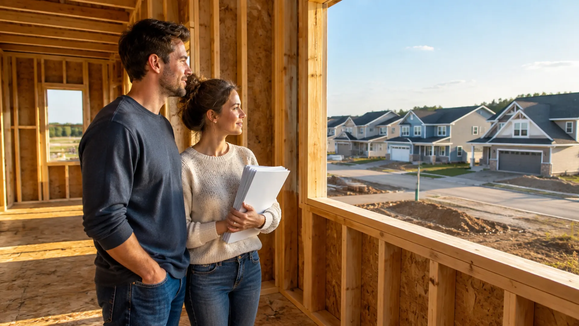 Young family walking through a newly framed house in a Michigan subdivision under construction