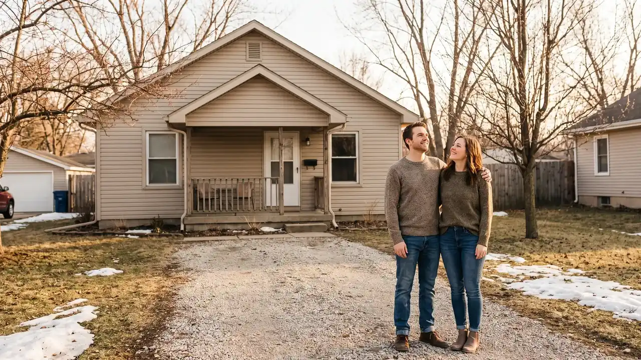 Young couple looking hopefully at a modest starter home, exploring options for buying a home with bad credit