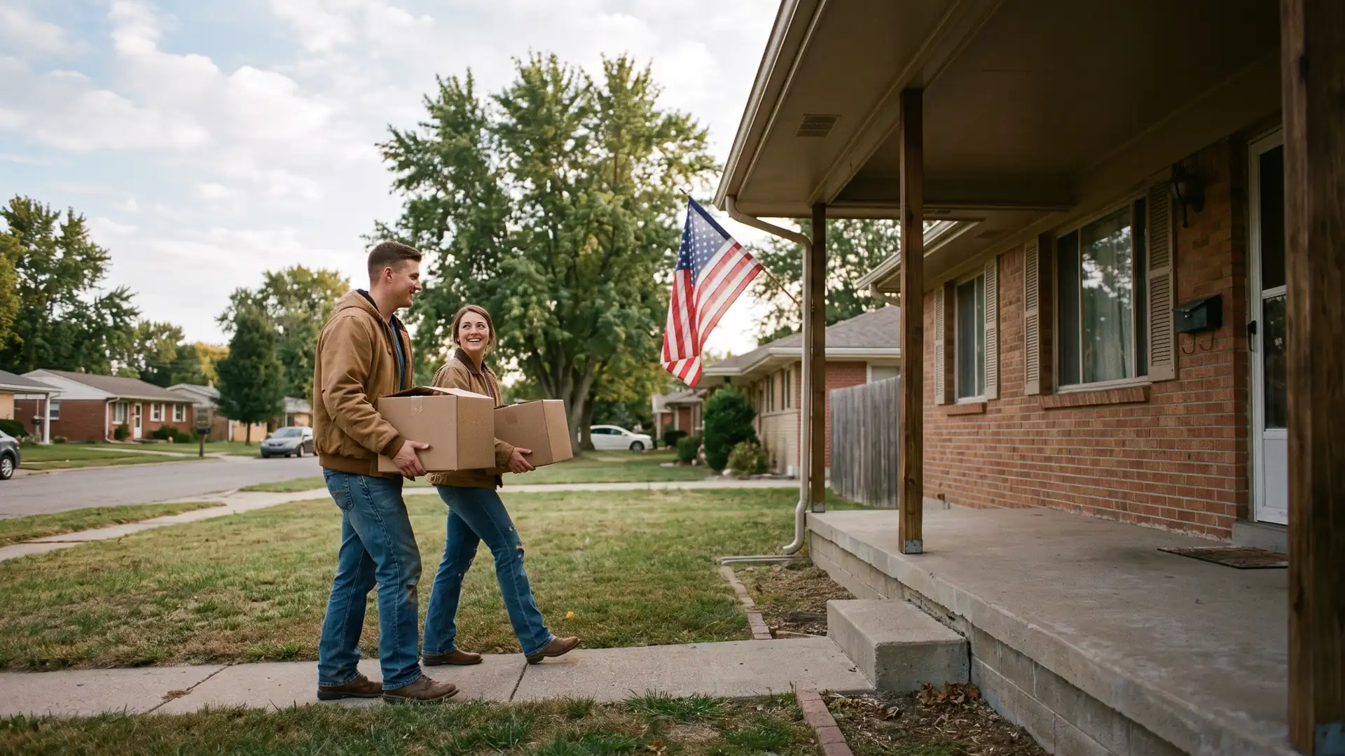 Veteran couple moving into a brick ranch home purchased with a VA loan, flag on the porch behind them