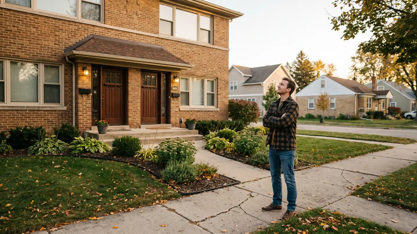 Investor sizing up a brick duplex from the sidewalk while buying a multi-family home