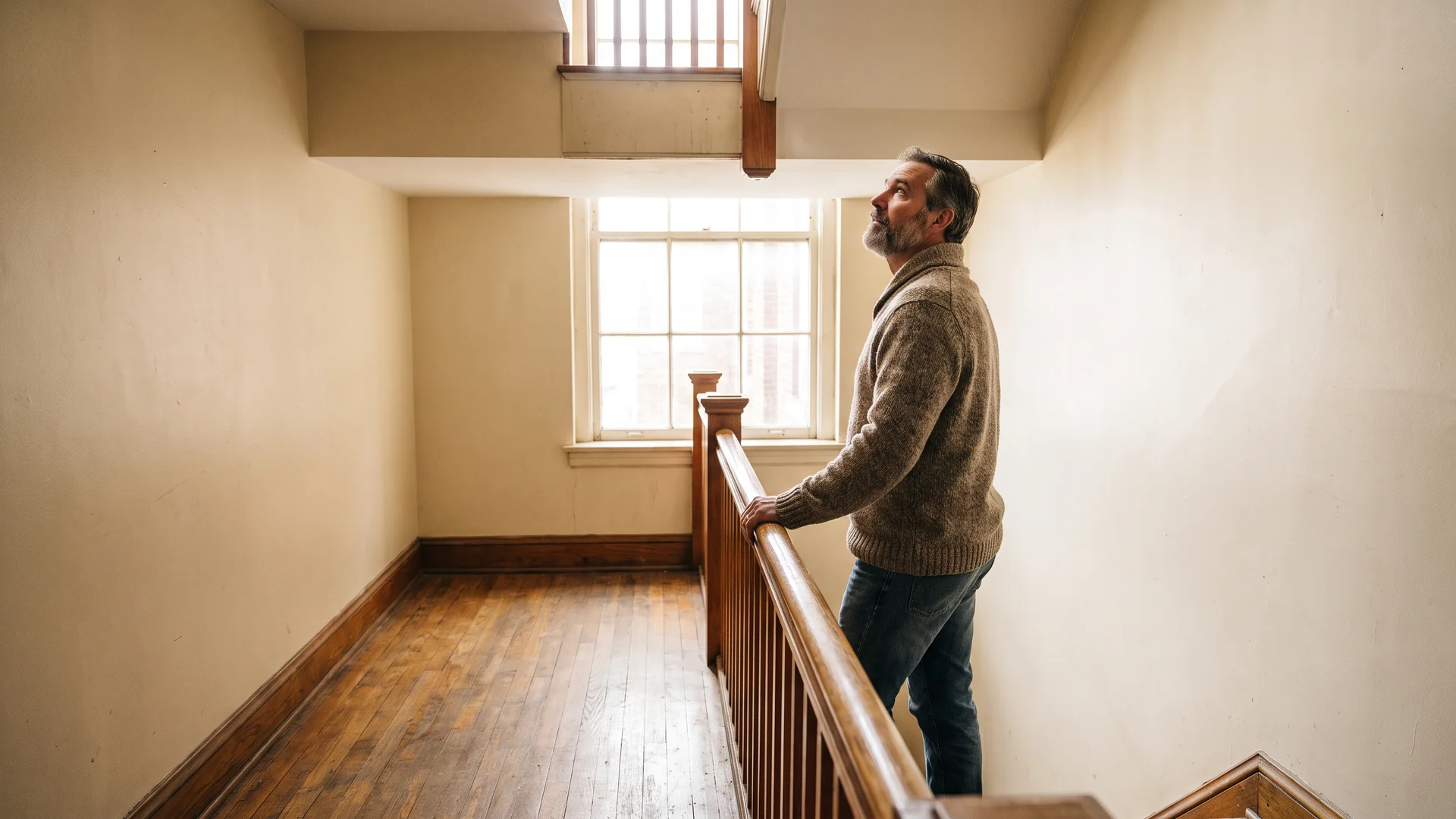 Investor inspecting a small apartment building stairwell while evaluating cap rates in real estate