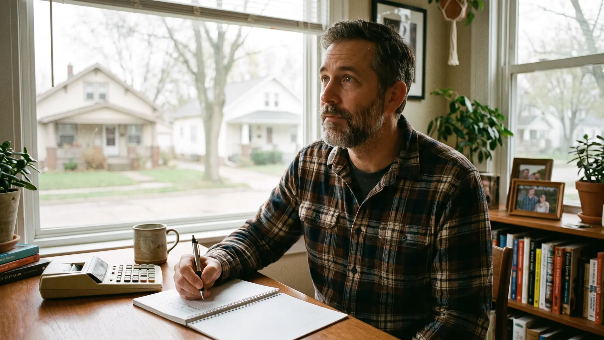 Investor calculating cash flow in real estate at a home office desk with a calculator and notebook