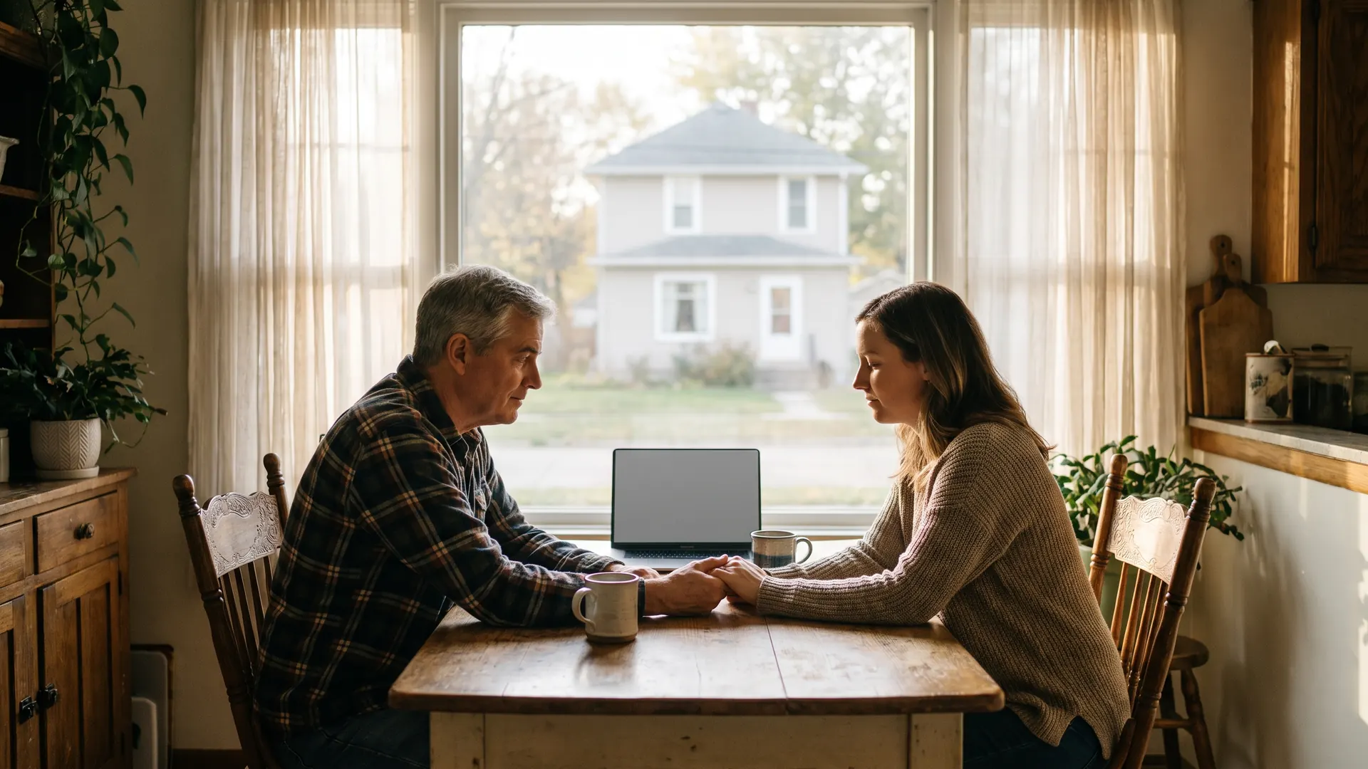 Parent and adult child discussing the risks and benefits of co-signing a mortgage at a kitchen table