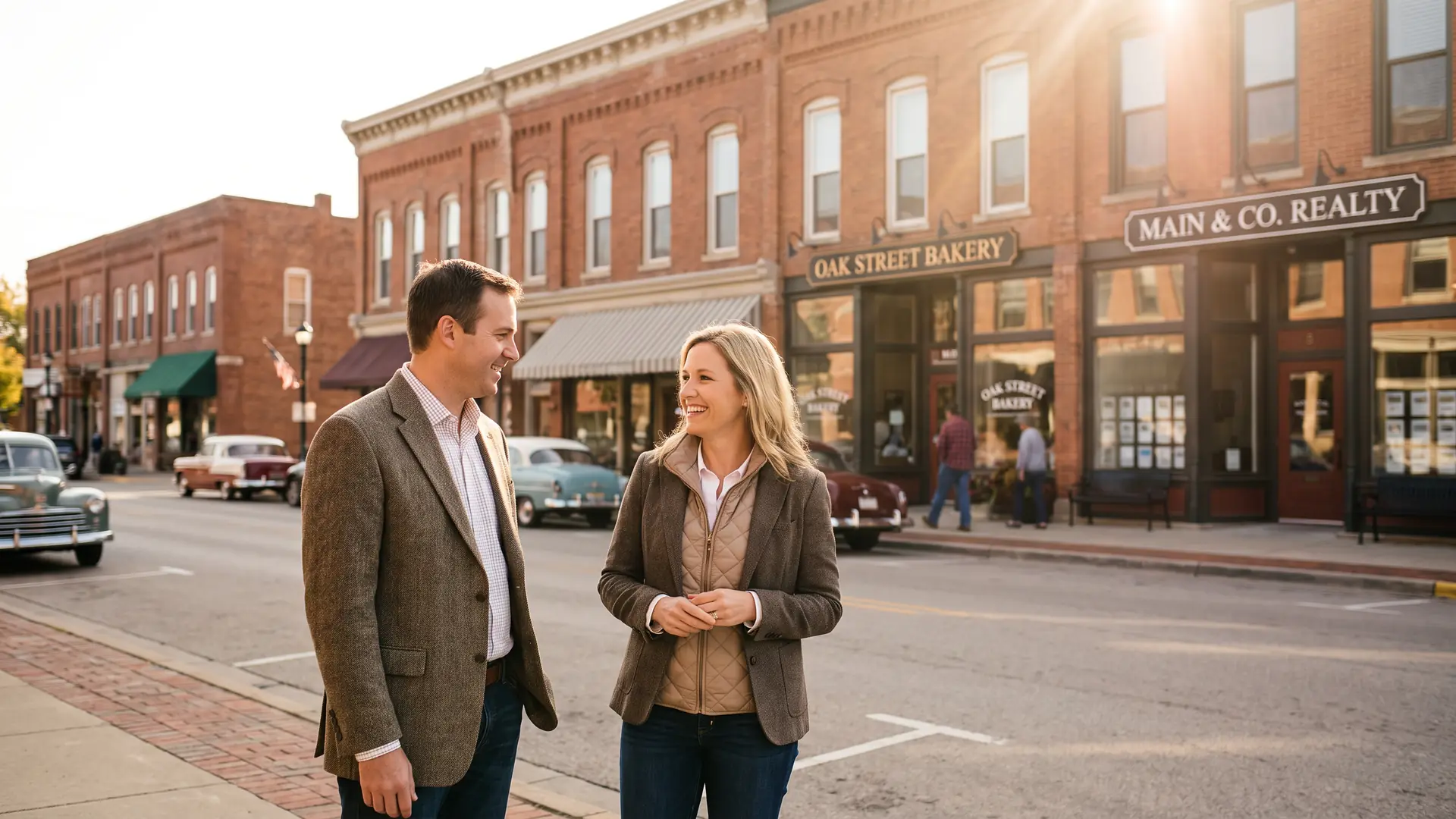 Investors evaluating mixed-use brick storefronts on a downtown street while learning commercial real estate investing