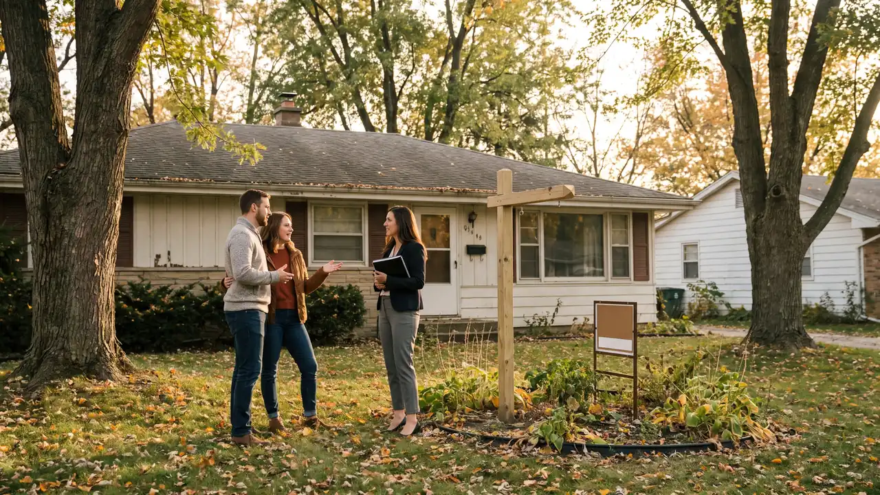 Sellers and their agent talking in the front yard about common seller mistakes before listing