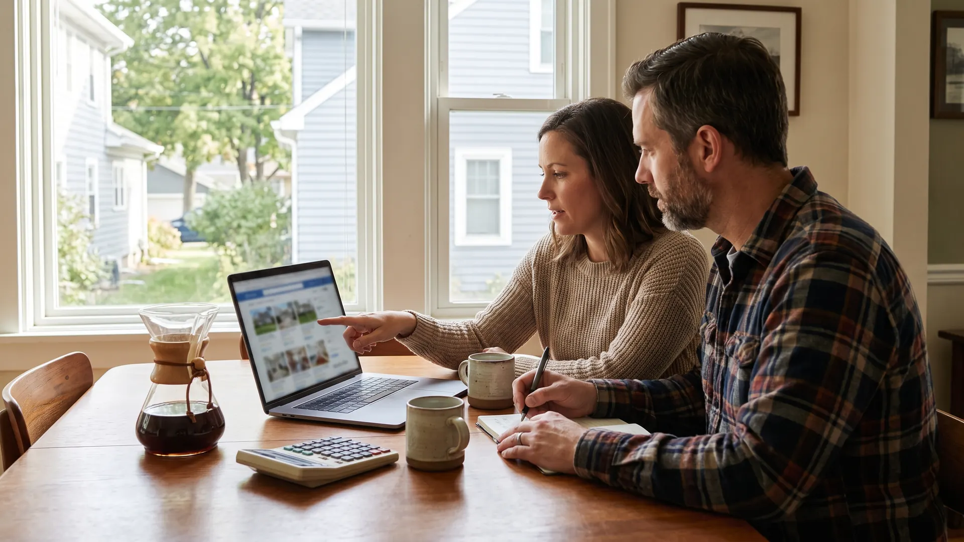 Couple at a dining table comparing mortgage lenders on a laptop, weighing rates, fees and loan options side by side