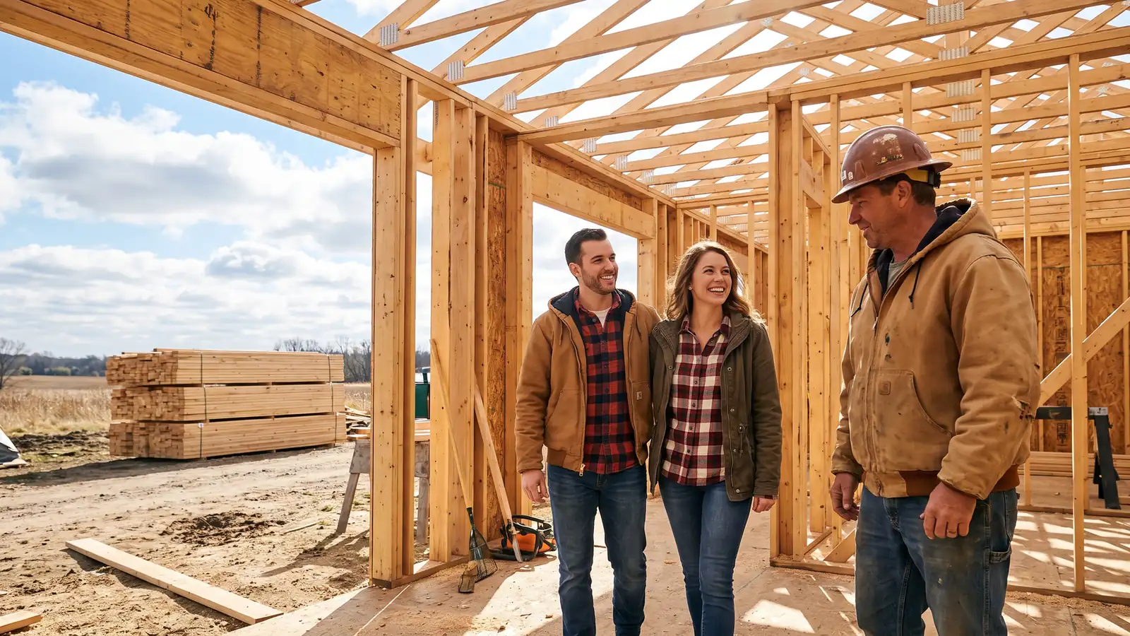 Couple and builder walking through a framed Michigan home financed with a construction-to-permanent loan