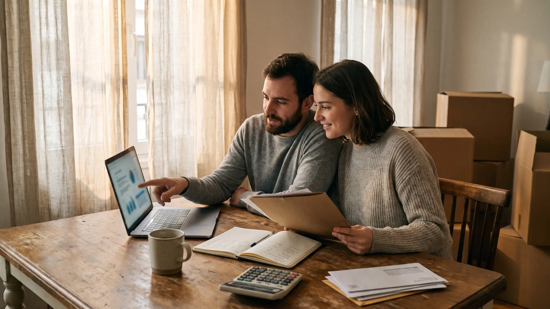 Couple reviewing their credit report and pay stubs on a laptop at a dining table while preparing a mortgage application