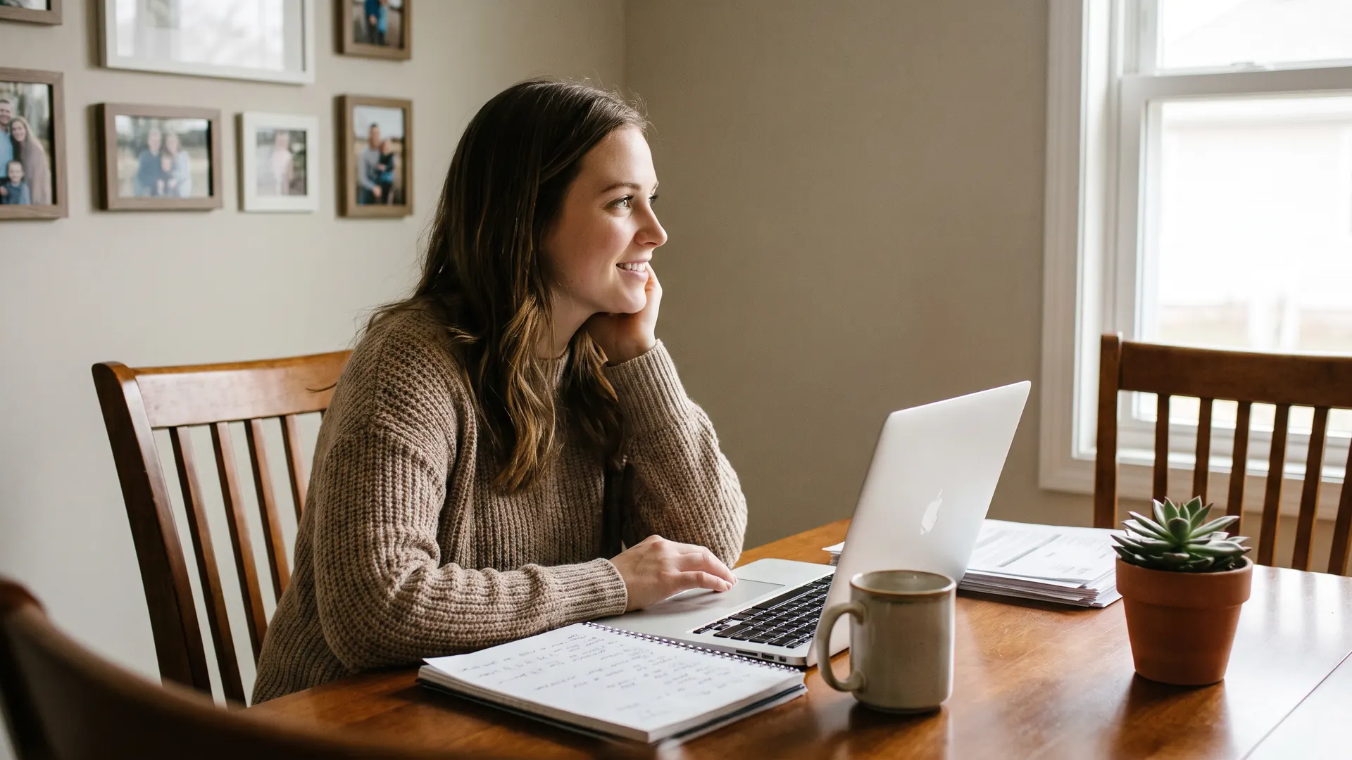 Home buyer working on credit repair strategies at a sunlit table with laptop and notebook