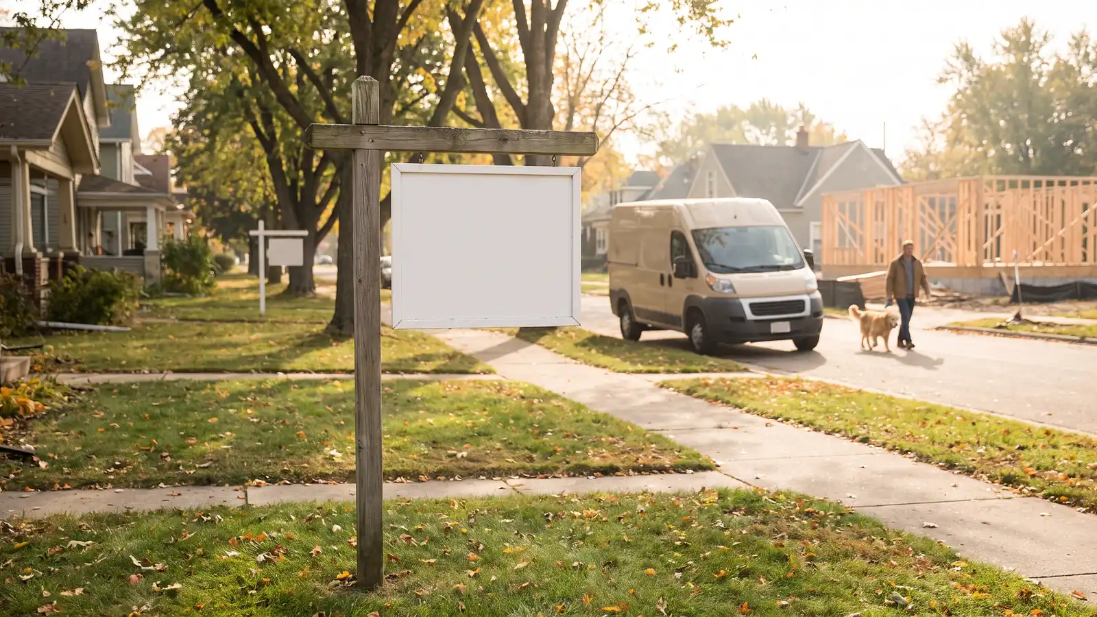 Midwestern residential street with for-sale homes and new construction showing economic factors driving housing demand