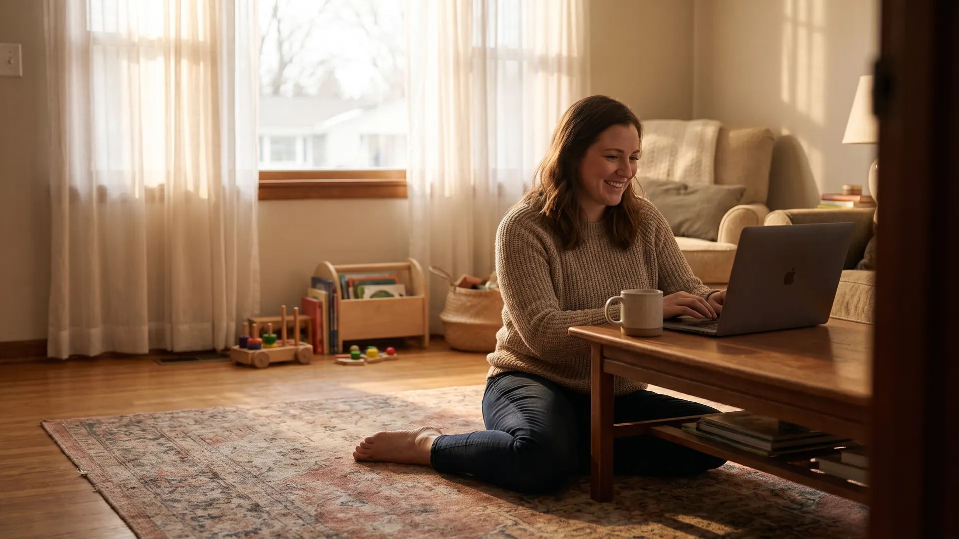 Homeowner reviewing an FHA streamline refinance from the living room of her Michigan home