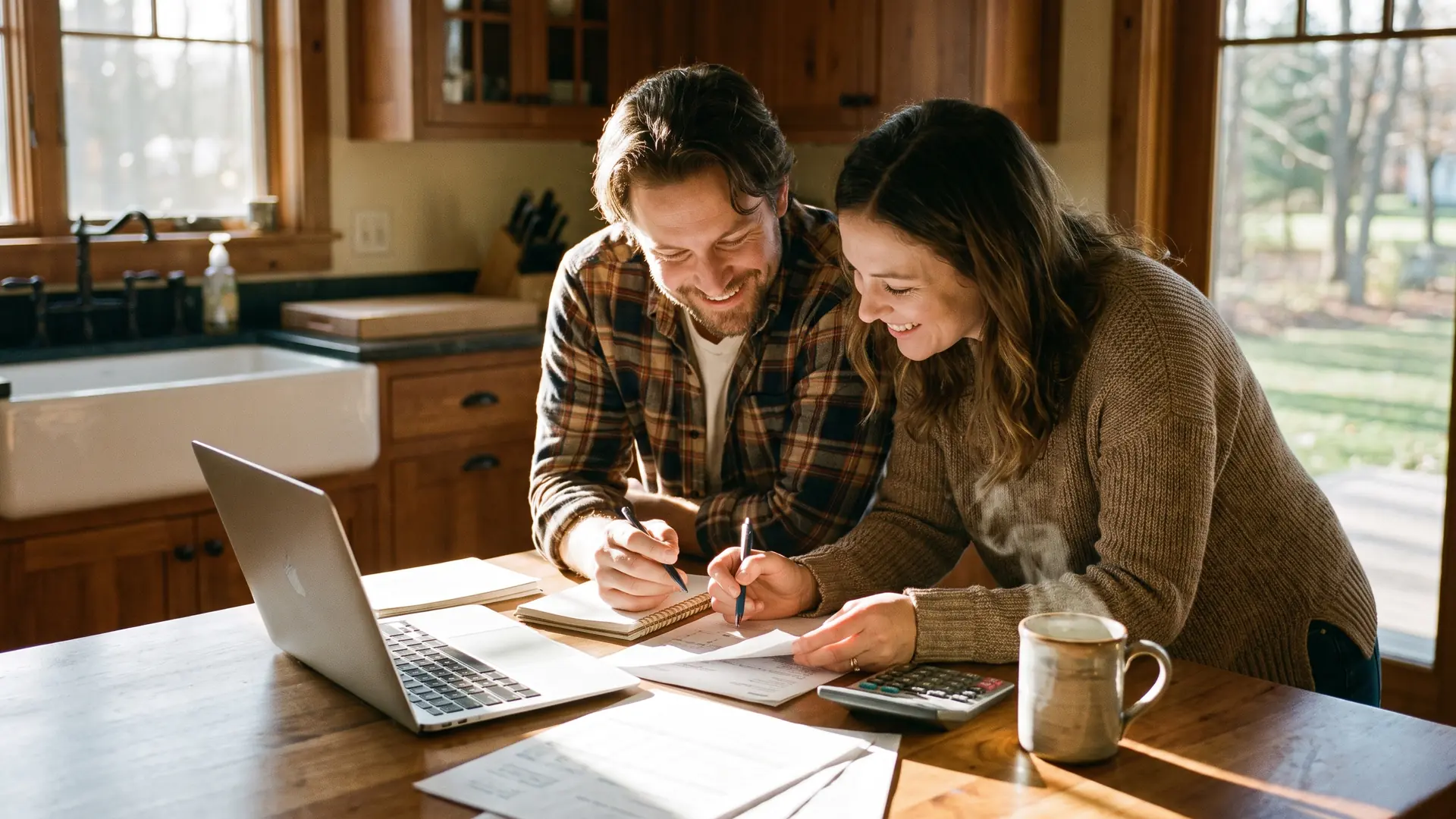 Couple at a kitchen table working through the finances of selling their home