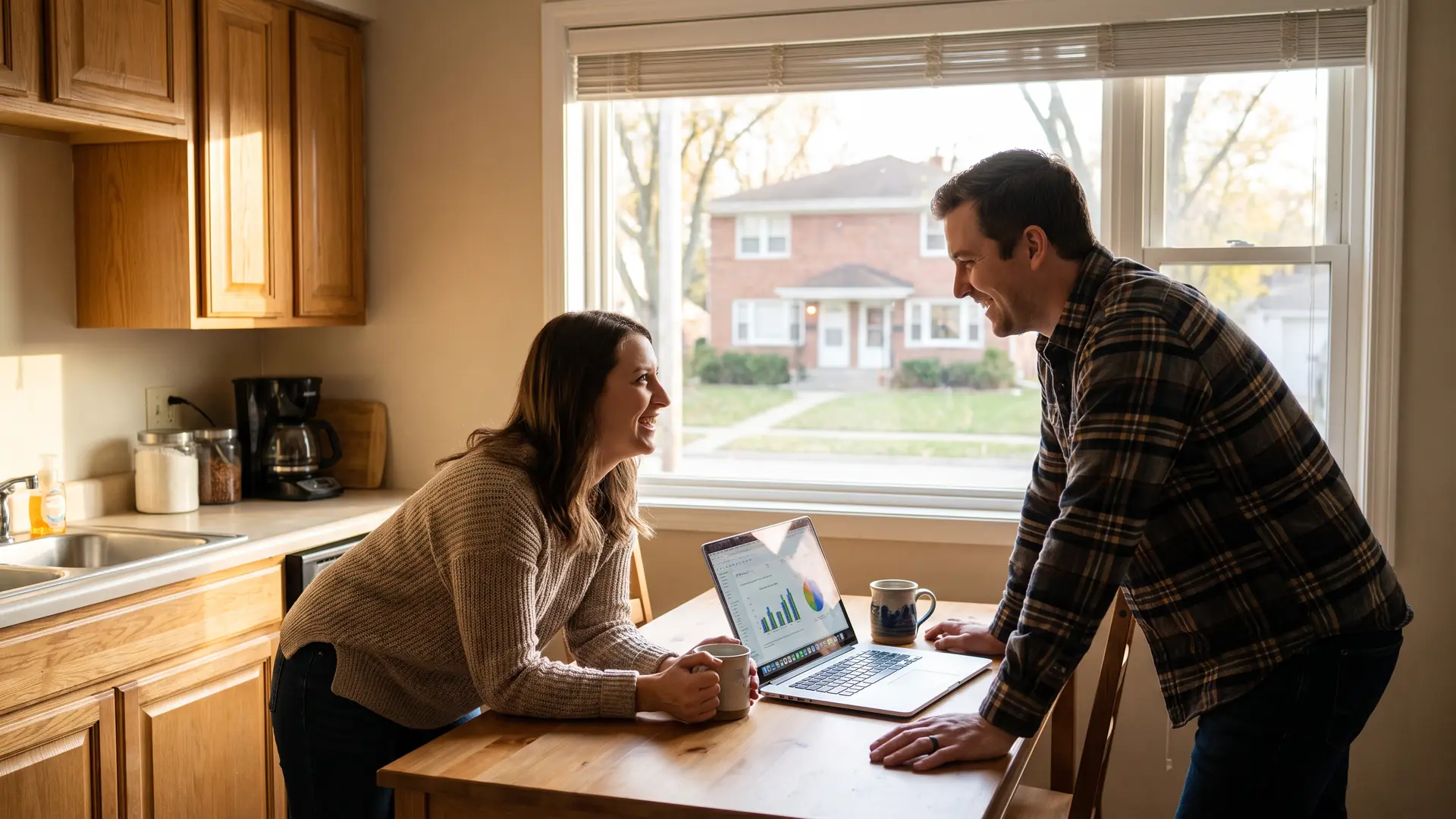 Investors at a kitchen table comparing options to finance a real estate investment with a duplex visible outside
