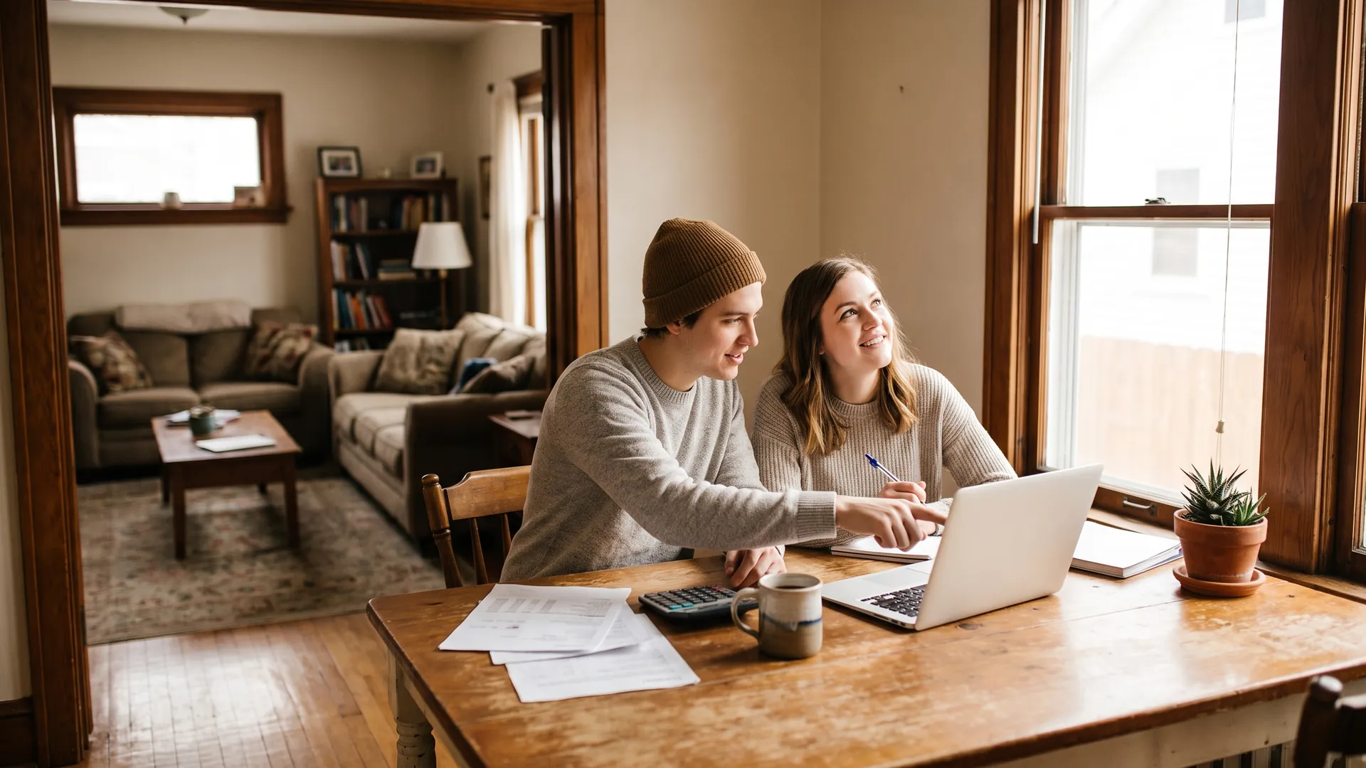 New homeowners reviewing first-time home buyer tax credits and deductions at their kitchen table