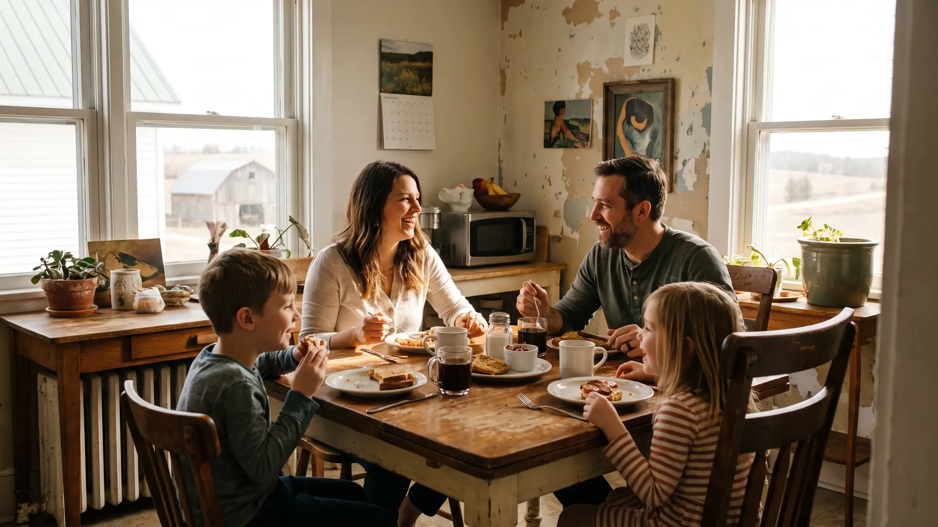 Family at breakfast in a longtime Michigan home, the kind of stability a fixed-rate mortgage is built for