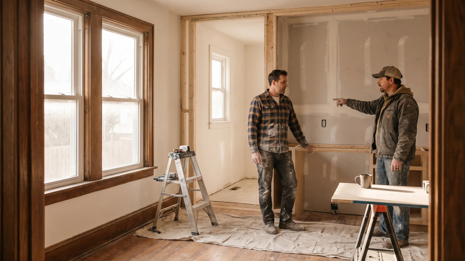 Investor and contractor discussing a kitchen renovation mid-project, illustrating the risks and rewards of flipping houses