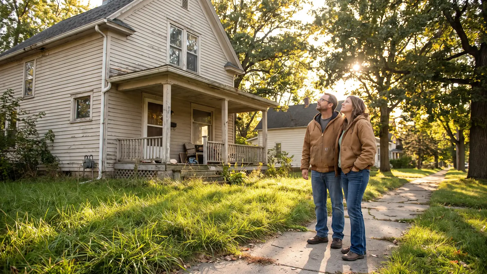 Couple evaluating a vacant foreclosed home with an overgrown yard, weighing the foreclosure process before buying