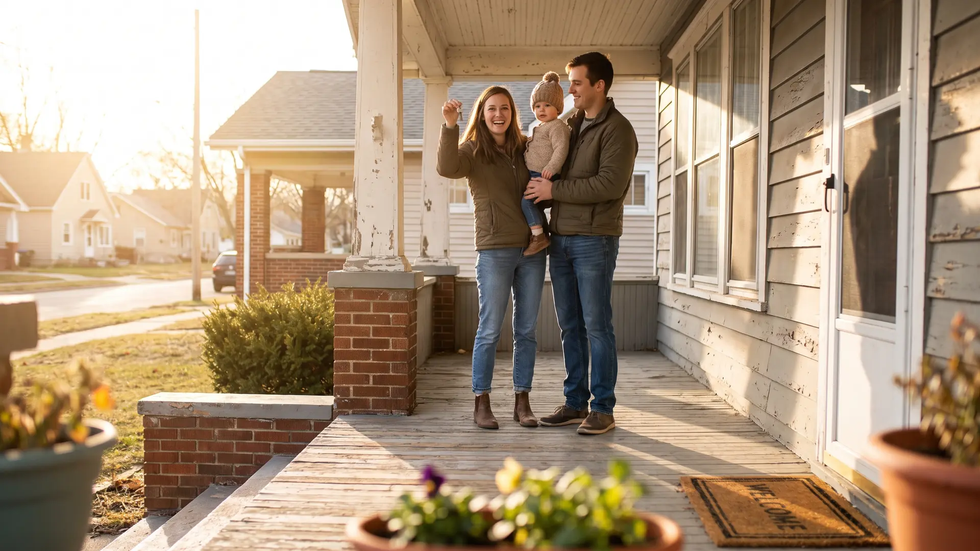 Young family holding keys at the door of a starter home purchased with a Freddie Mac Home Possible loan