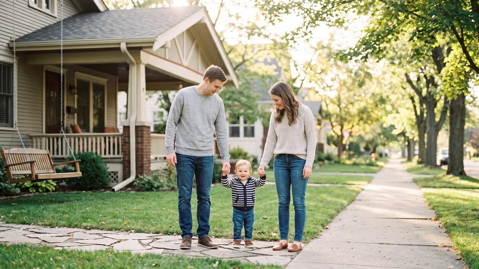 Young family outside their first Michigan home purchased with a government-backed loan program