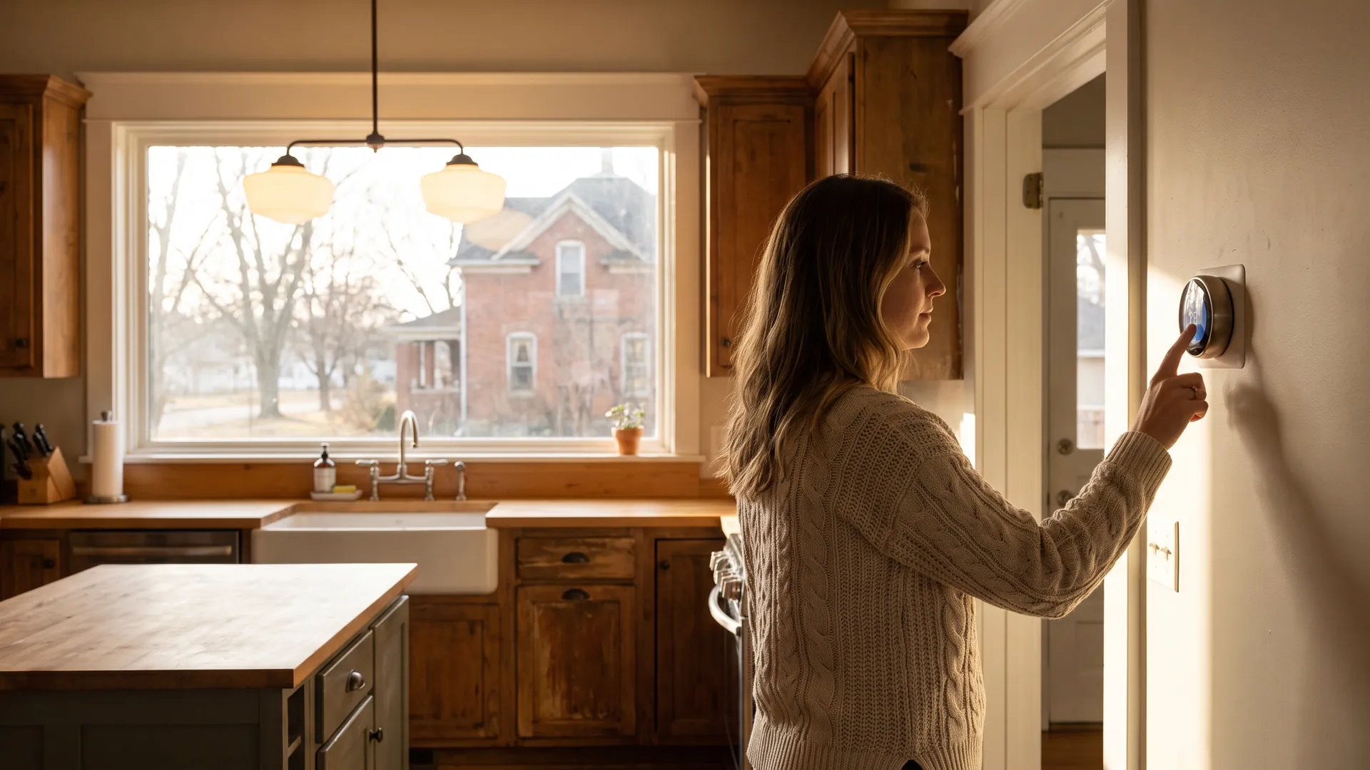 Homeowner adjusting a wall thermostat in a sunlit kitchen as part of a connected home automation system