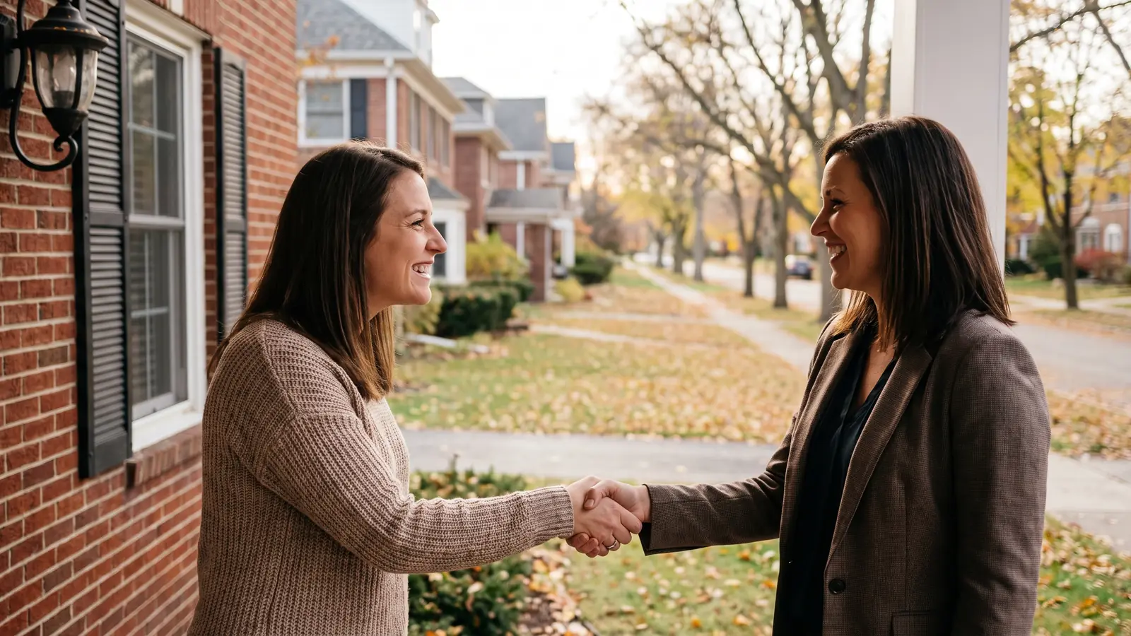 Home buyer shaking hands with her agent on a porch after negotiating a home buyer rebate agreement