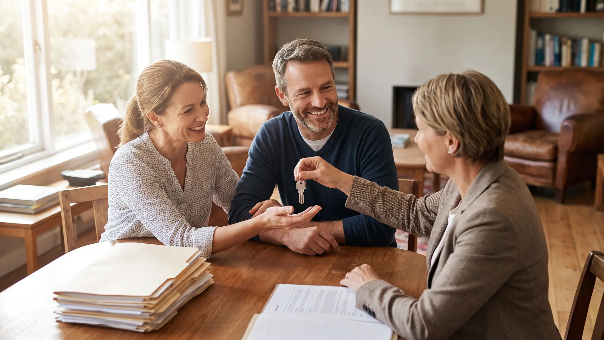Couple receiving house keys at the closing table at the end of the home closing process