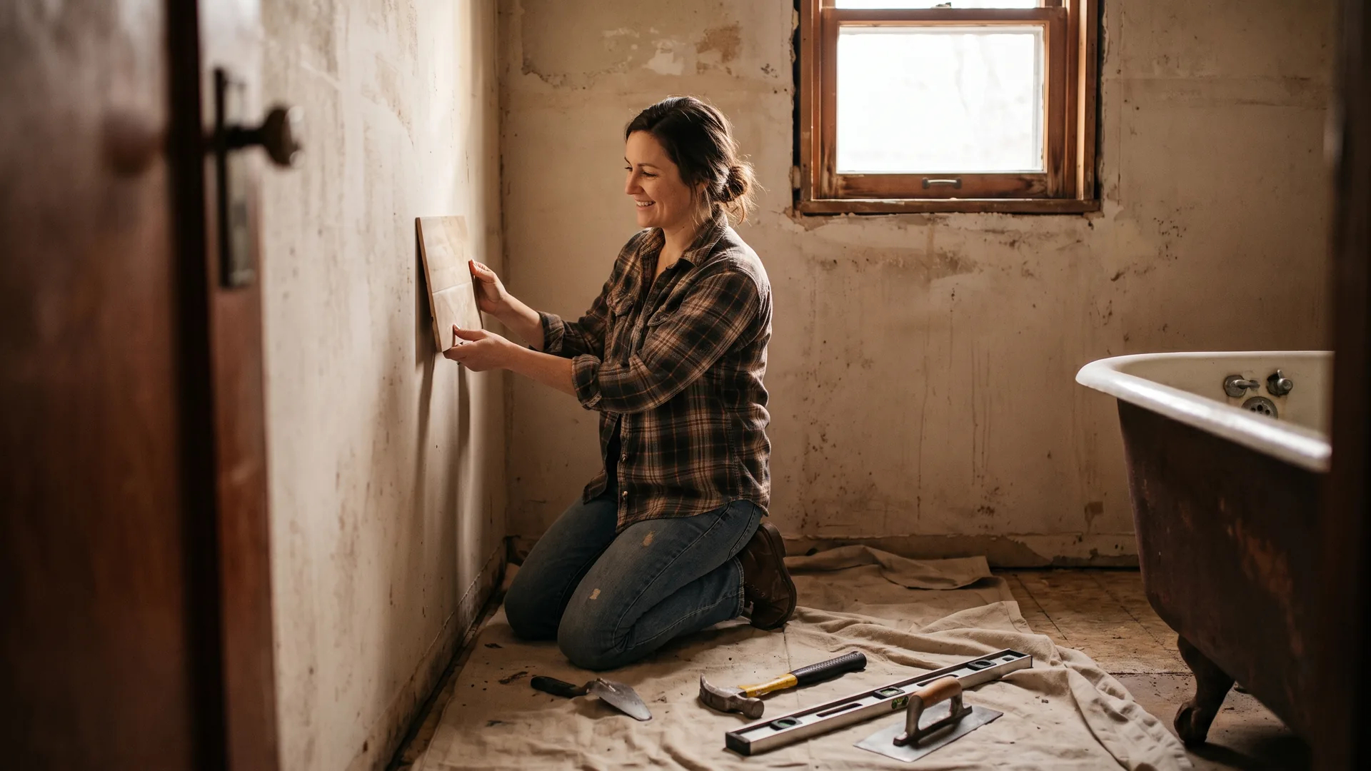 Homeowner mid-remodel choosing tile, a common use for funds drawn from a home equity line of credit