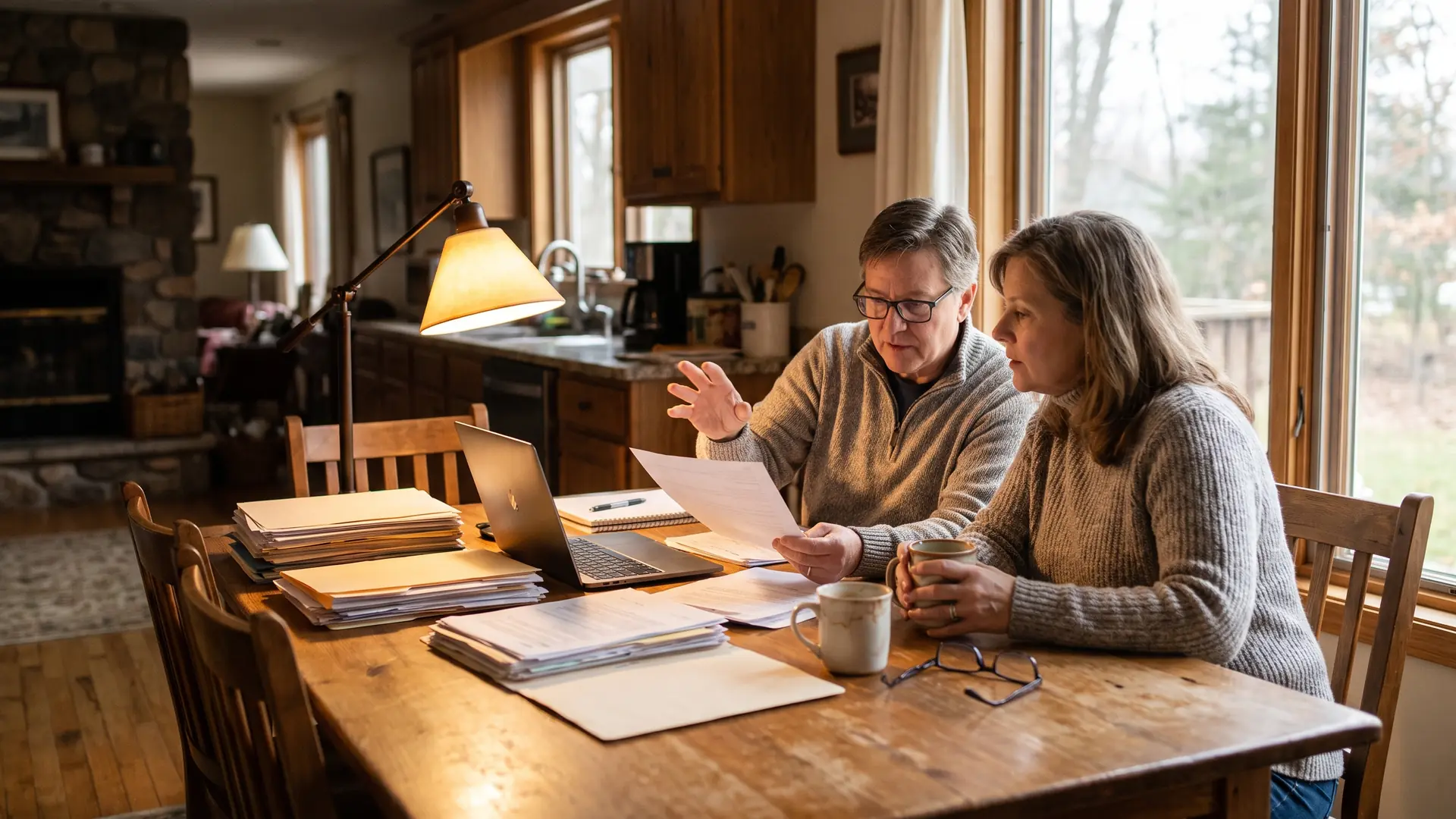 Couple at their dining table weighing home equity loan options in a Michigan home