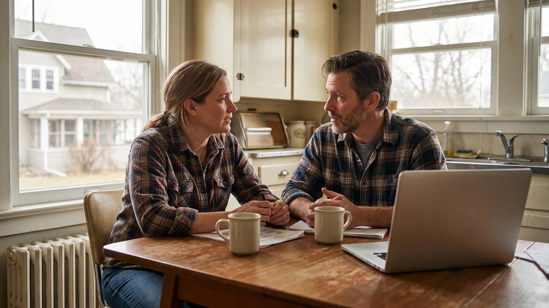 Couple at a kitchen table weighing the pros and cons of a home equity loan in their Michigan home