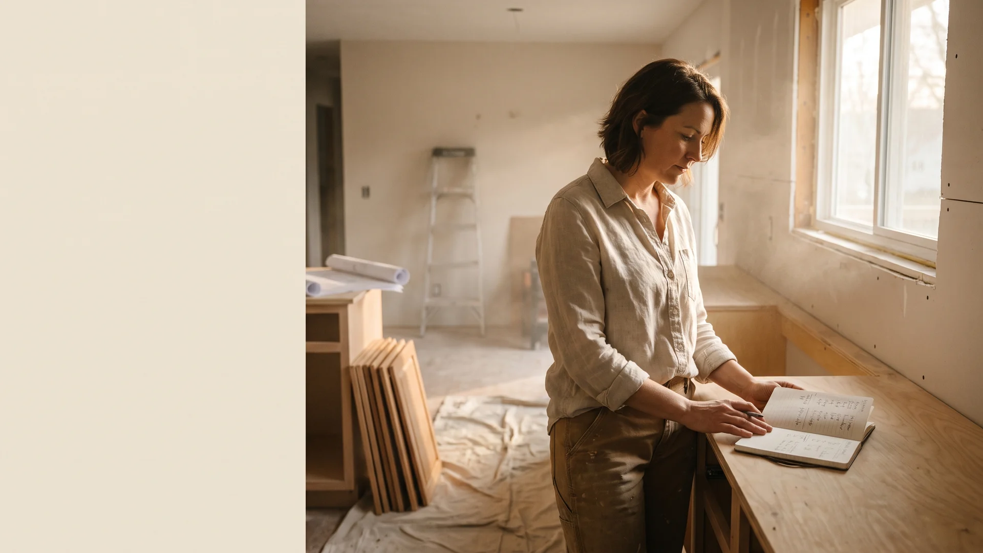 Homeowner reviewing project costs in a half-finished kitchen renovation funded by home equity