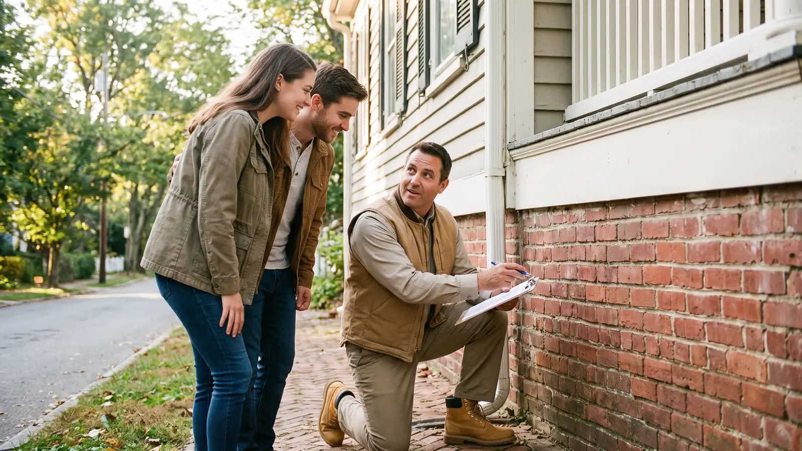 Home inspector reviewing a house foundation with buyers during a home inspection checklist walkthrough