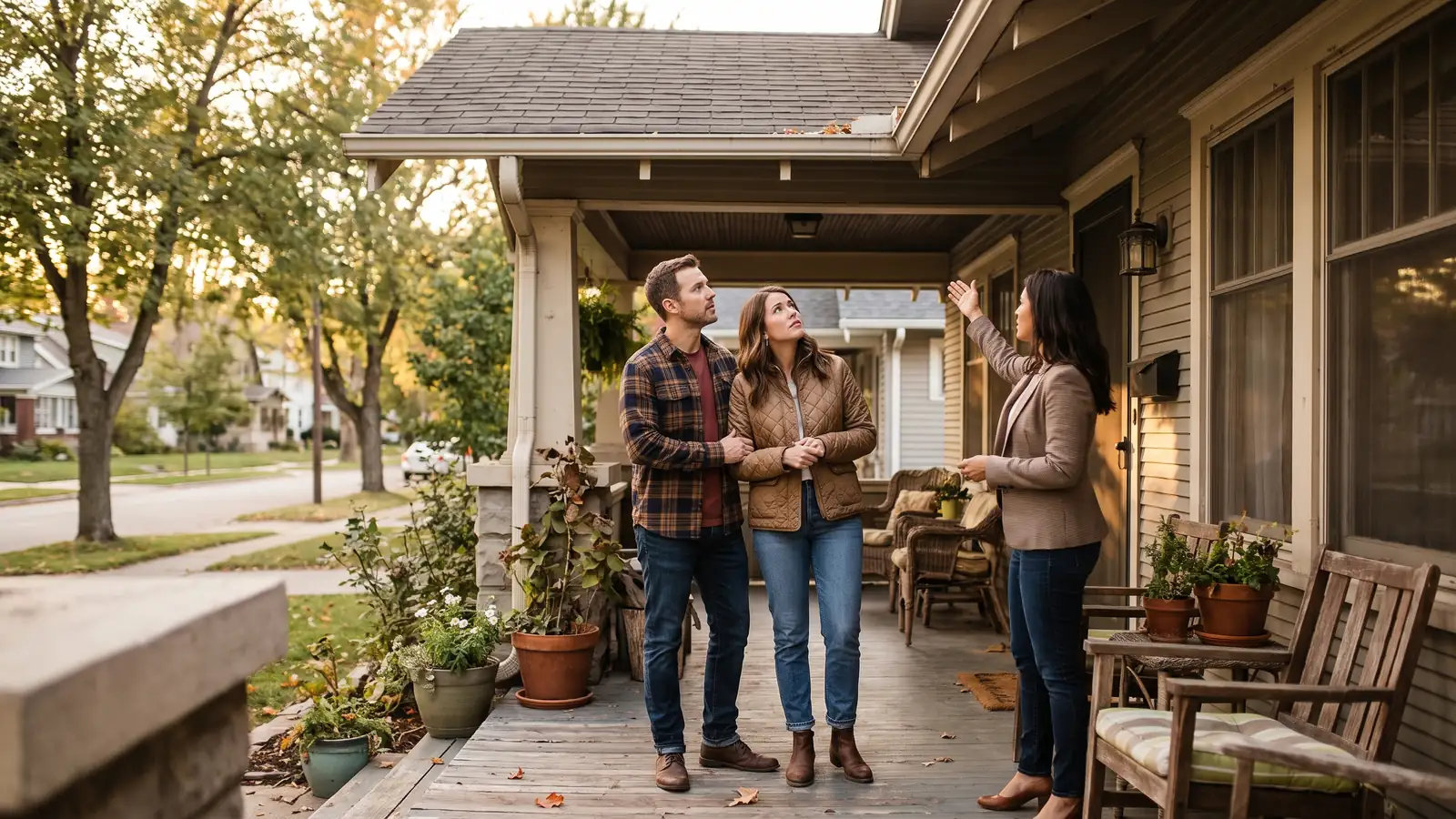 Buyers weighing the risks of a home inspection waiver while evaluating an older home from the porch