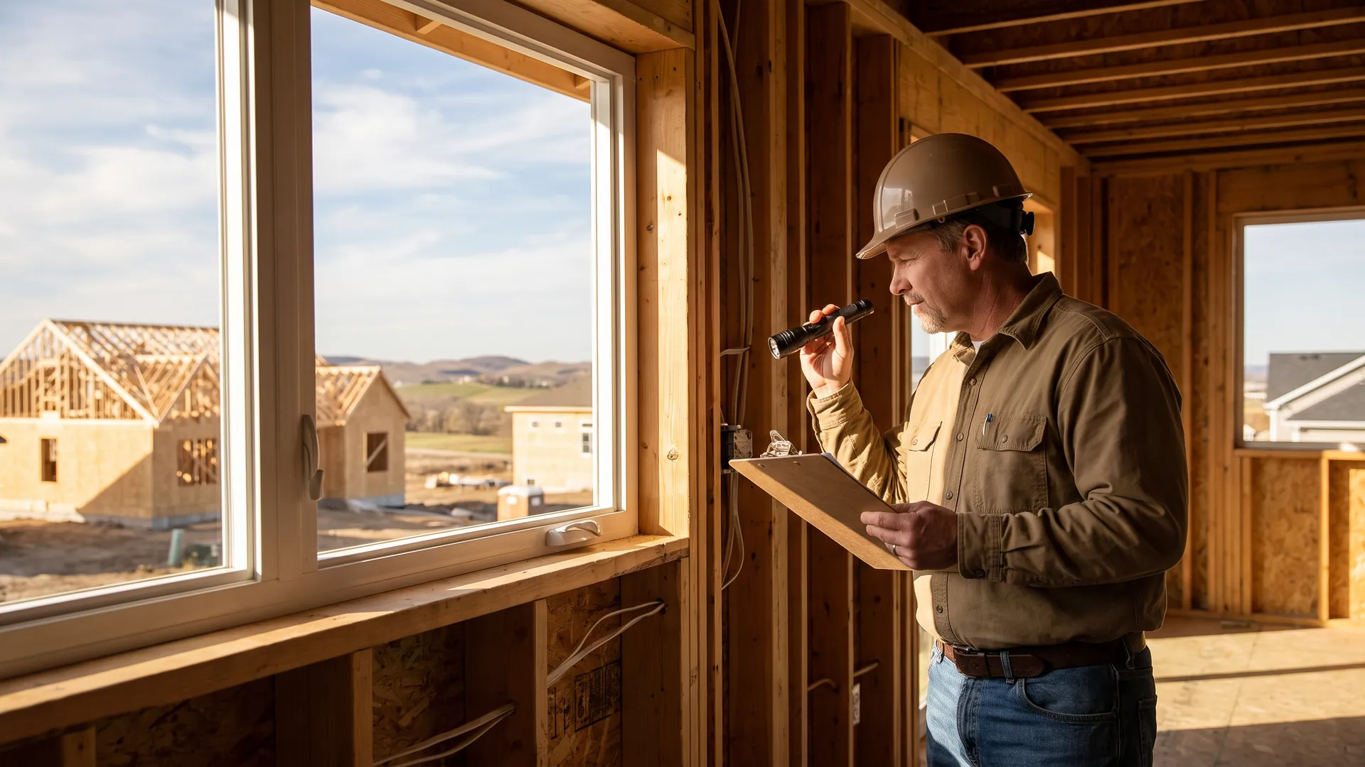 Inspector examining framing and wiring during a pre-drywall new construction home inspection