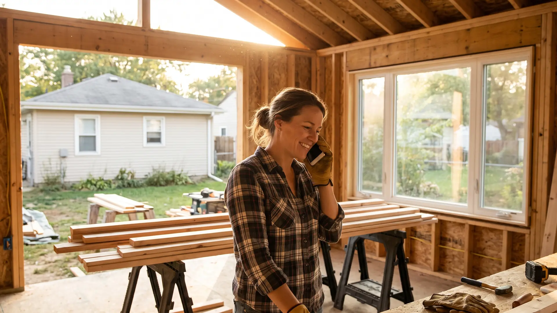 Homeowner on the phone in a half-finished kitchen addition discussing home insurance and renovations coverage