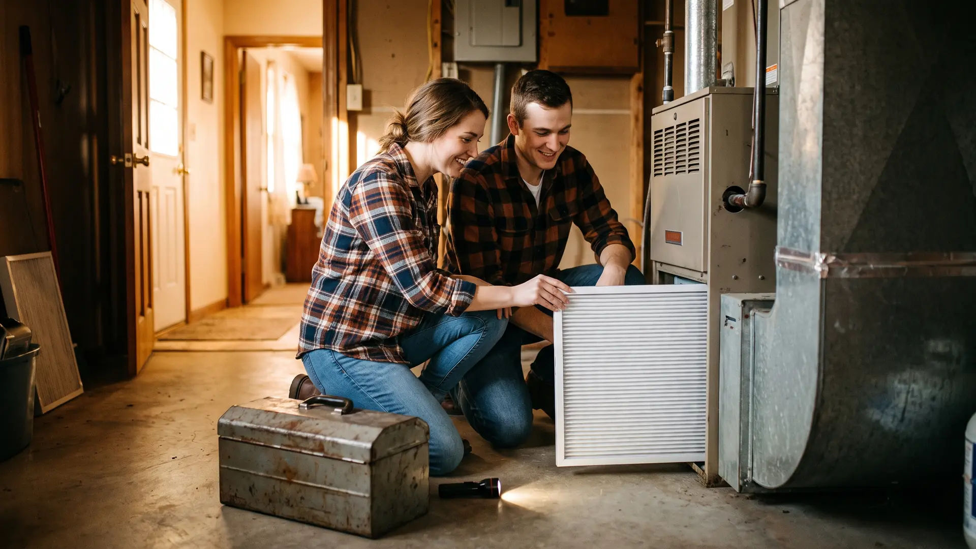 First-time homeowners changing a furnace filter as part of routine home maintenance in a Midwestern utility room