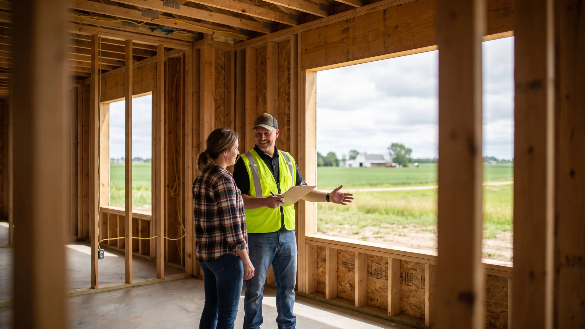 Inspector and homeowner reviewing framing during a home renovation permit inspection in an unfinished room addition