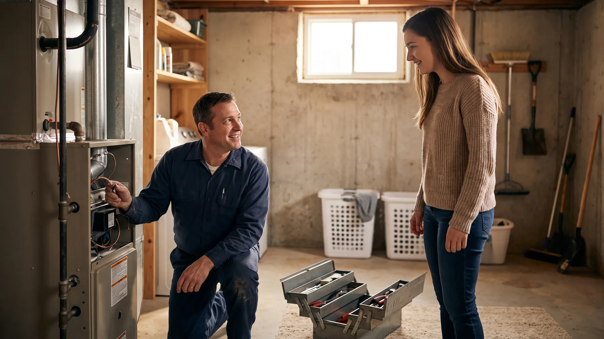 Technician repairing a furnace for a new homeowner covered by one of the home warranty options for buyers
