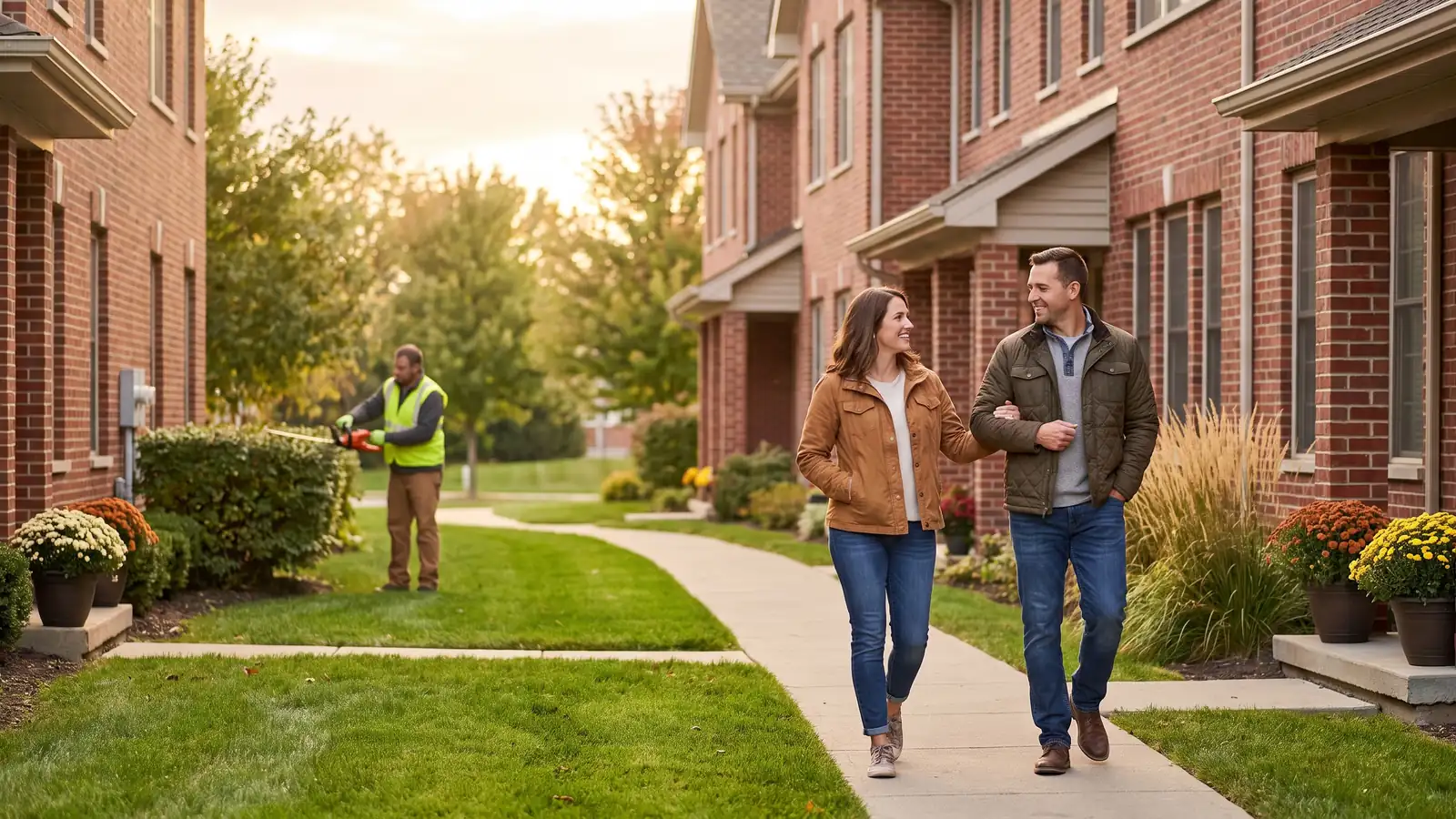 Manicured townhome community maintained through homeowner association fees with residents walking a shared path
