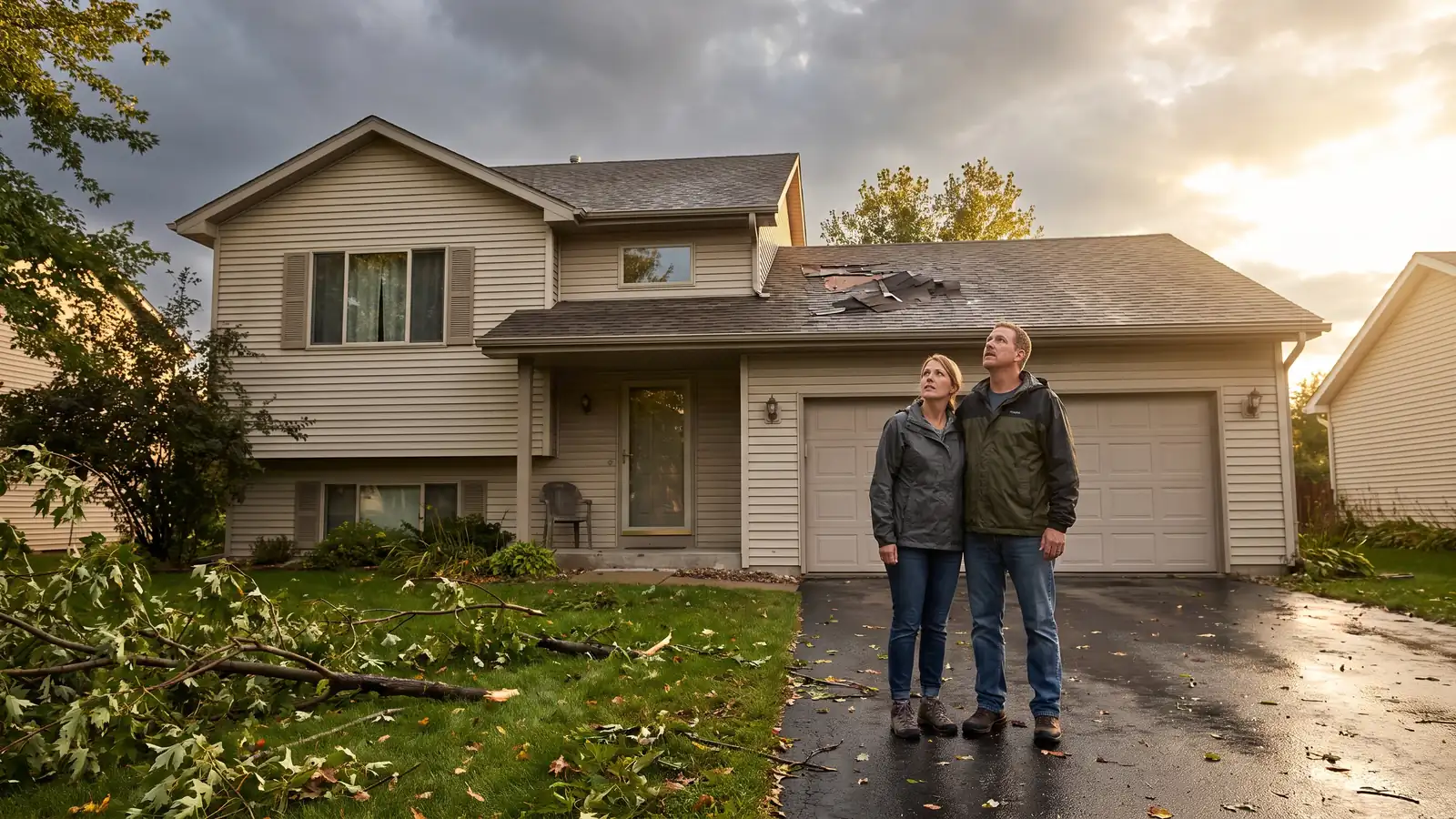 Homeowners inspecting storm-damaged roof shingles, the kind of loss a homeowners insurance deductible applies to